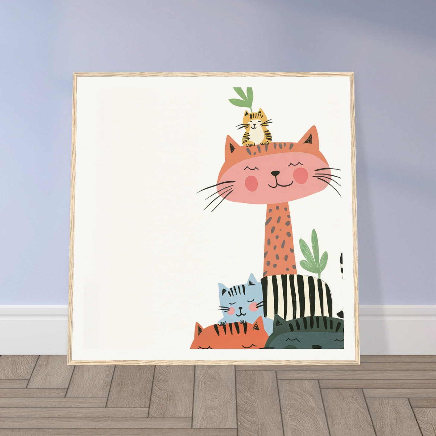 Framed poster of whimsical cat illustration for cute nursery wall art and decor