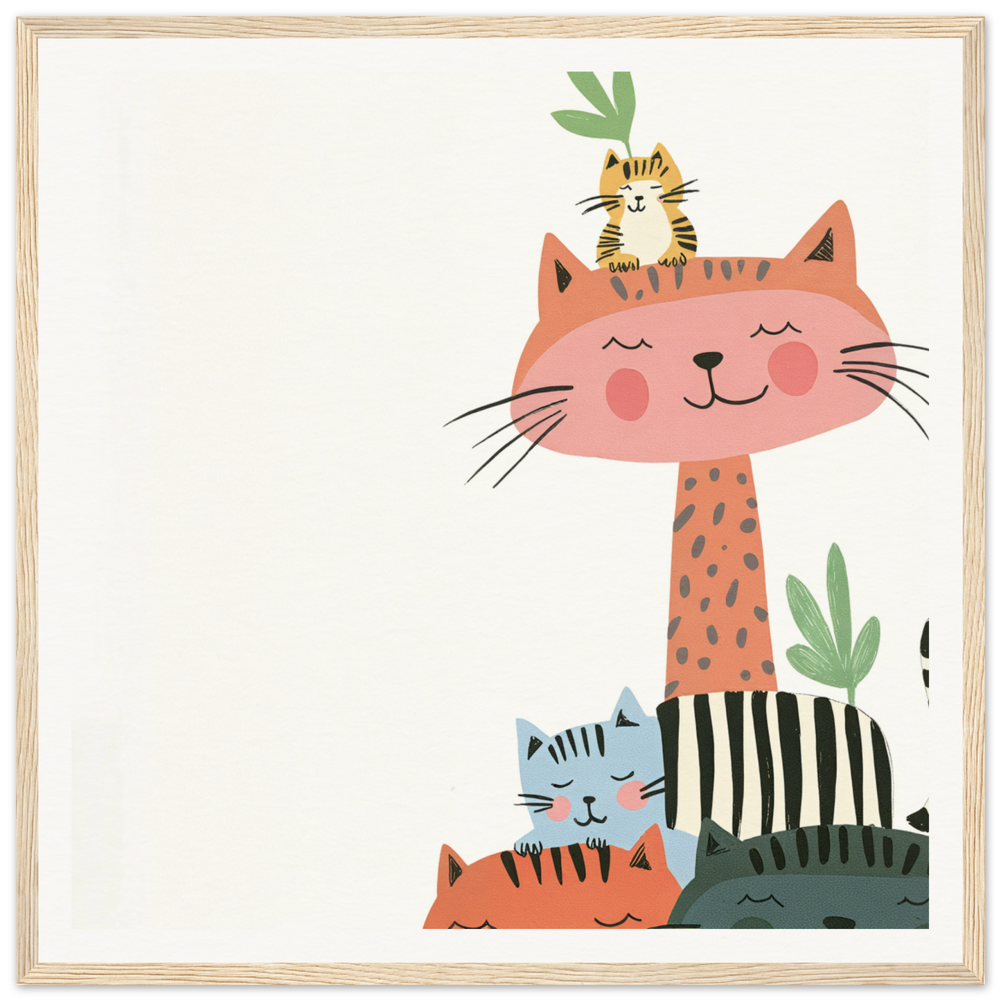 Cute pink cat with long neck and sleeping kittens, perfect for nursery wall art