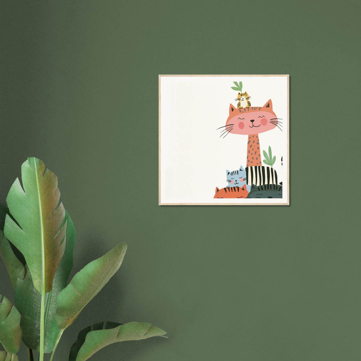 Framed poster of an orange cat with plants, perfect for nursery wall art and decor