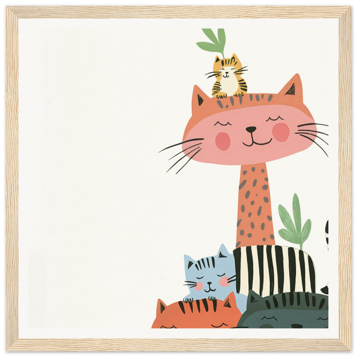 Cute cartoon cats with stripes and plants for charming nursery wall art