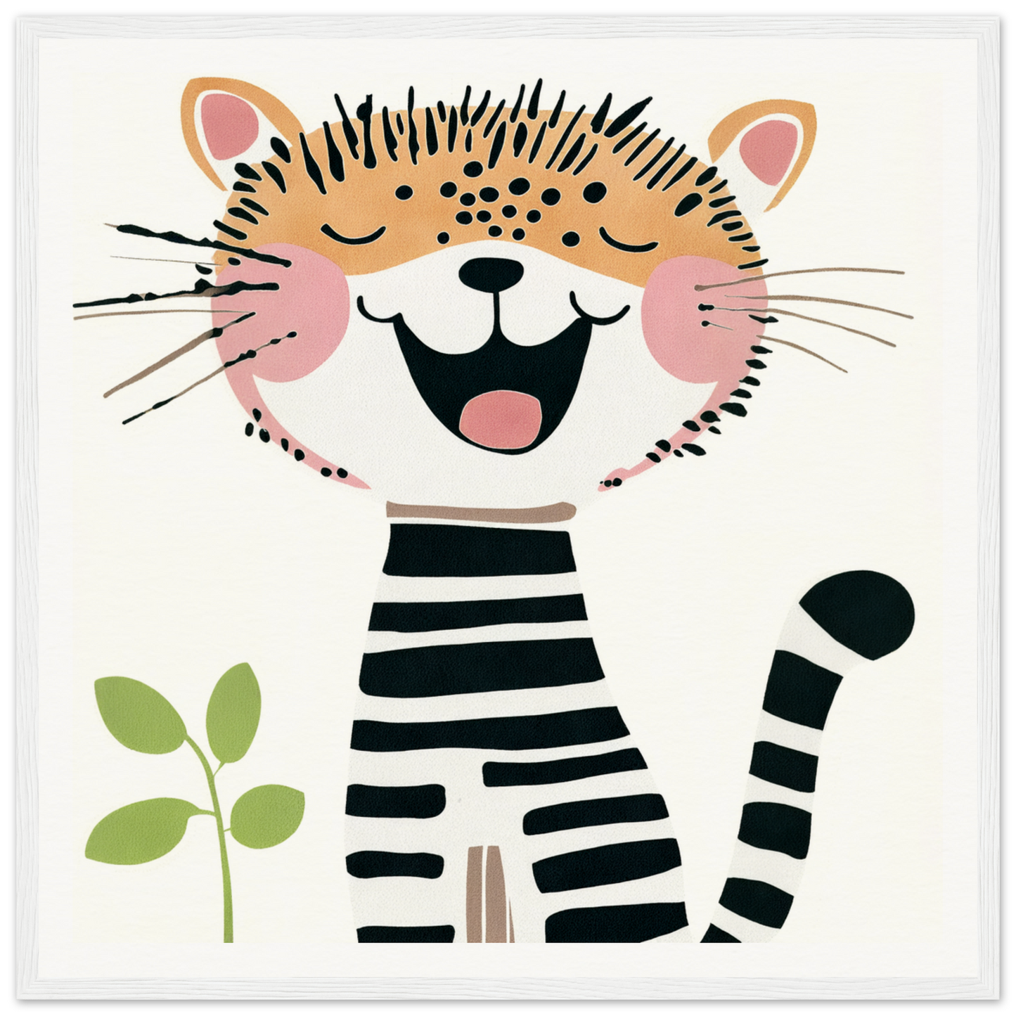 Happy cartoon tiger in striped outfit for cute nursery wall art or decor