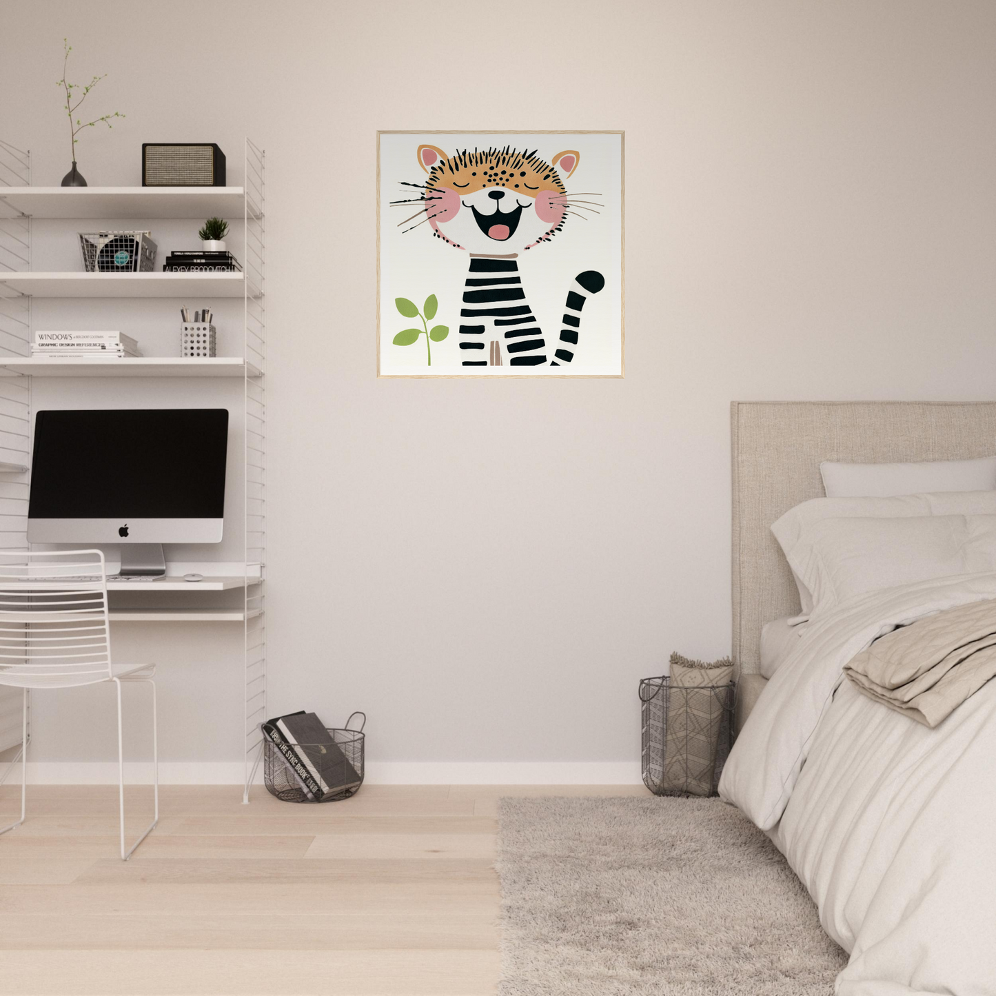 Whimsical cartoon tiger artwork with floral crown for nursery wall art or decor