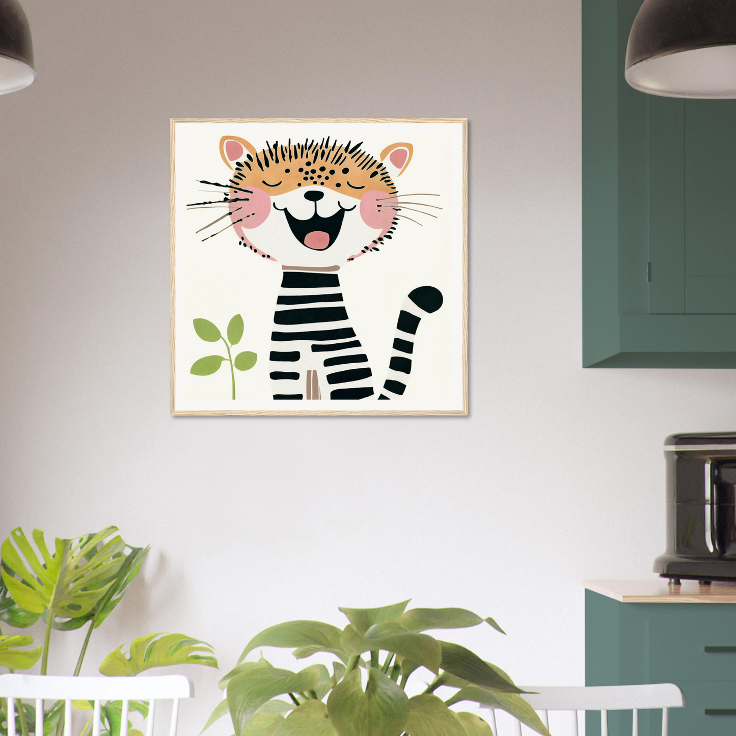 Cheerful cartoon cat in striped shirt for fun nursery wall art or framed poster decor