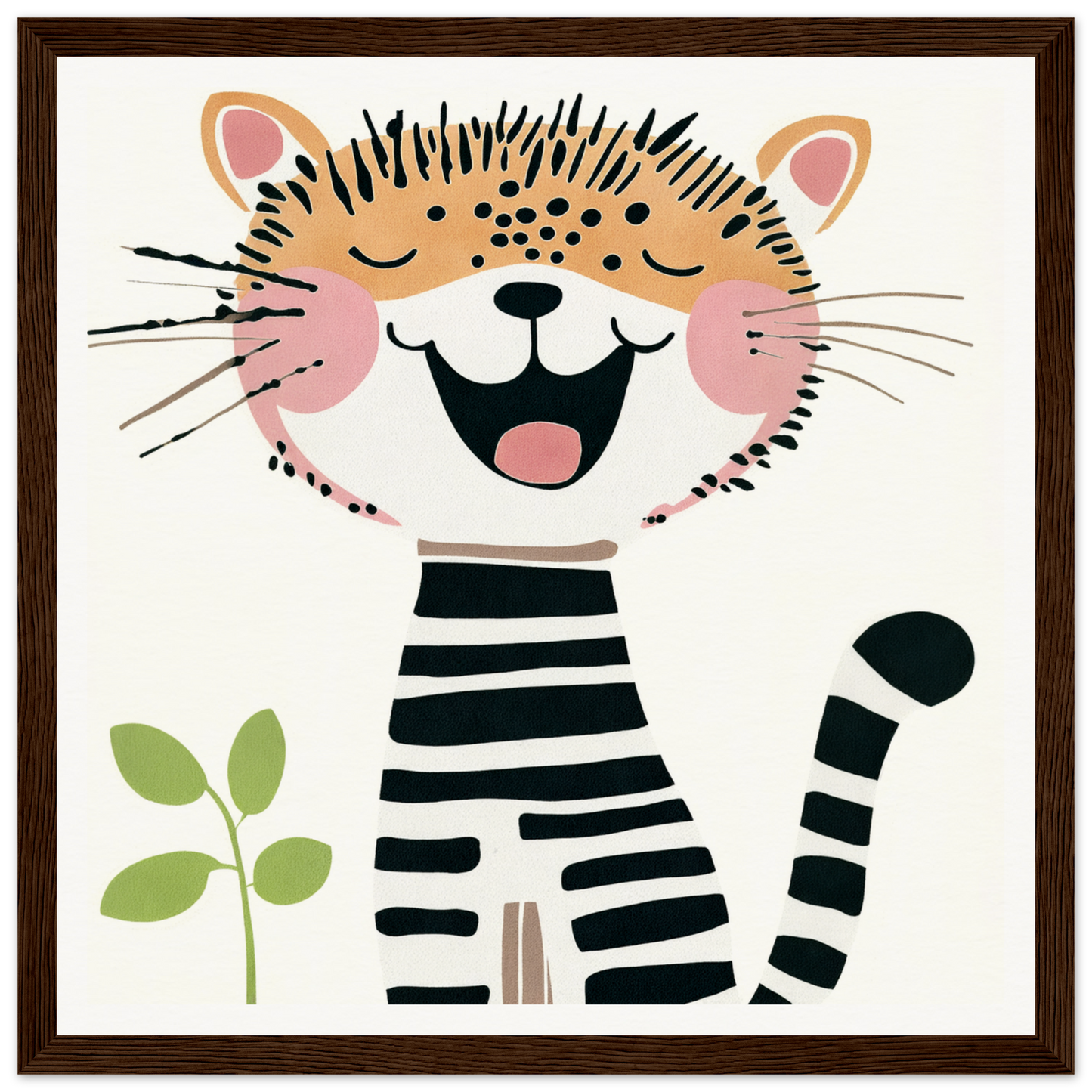 Happy cartoon cat in striped outfit for cute nursery wall art or decor