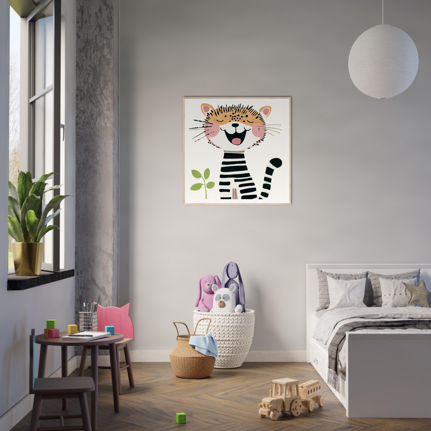 Whimsical cartoon cat artwork with stripes perfect for nursery wall art or decor