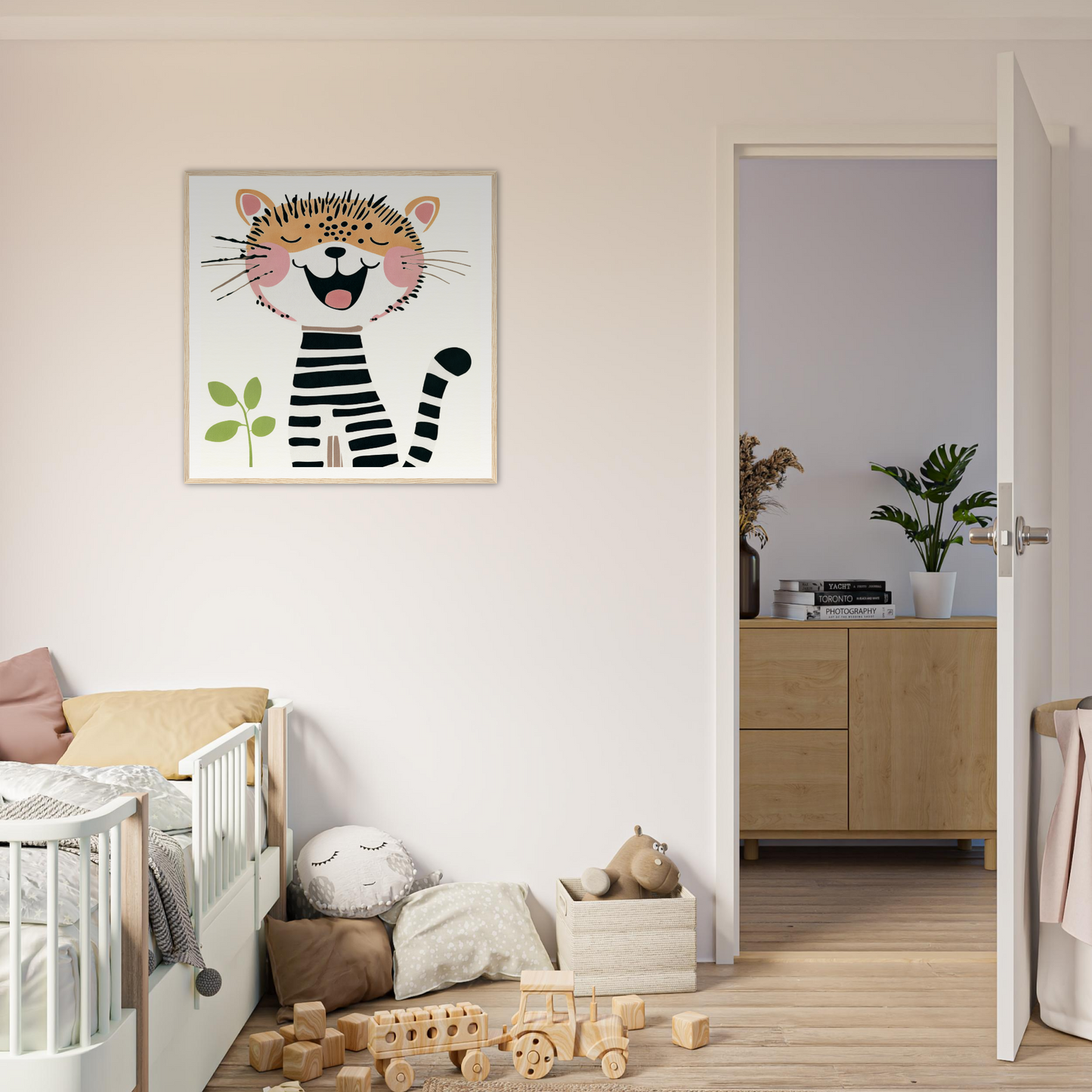 Whimsical cartoon tiger black and white stripes, perfect nursery wall art for playful decor