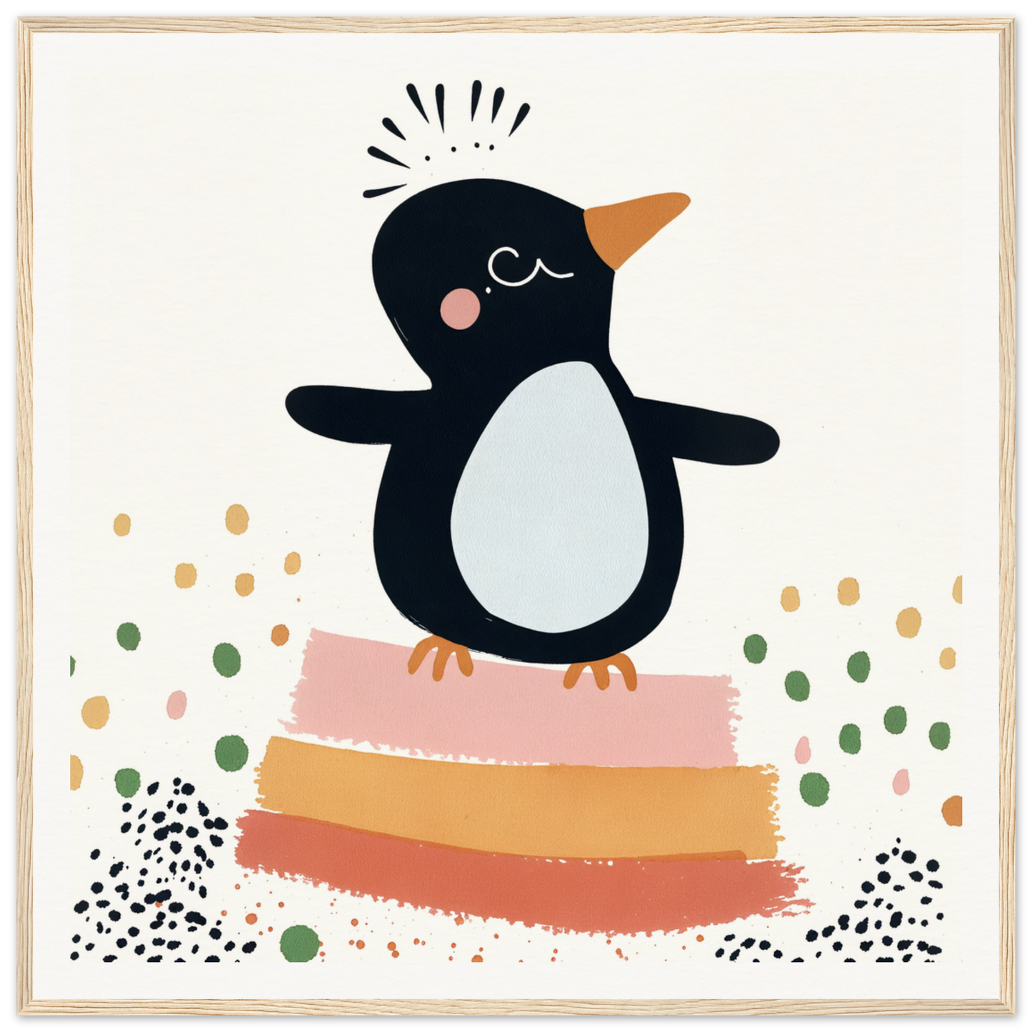 Cute cartoon penguin on pink and orange stripes for nursery wall art decor