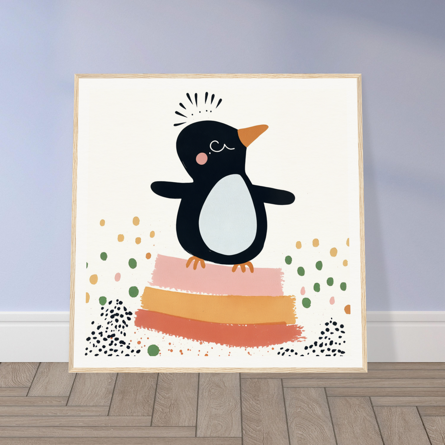 Cute cartoon penguin on colorful shapes, perfect for nursery wall art or decor