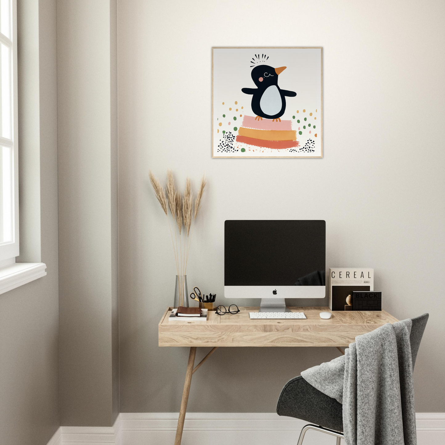 Cute cartoon penguin artwork for fun nursery wall art with colorful confetti dots