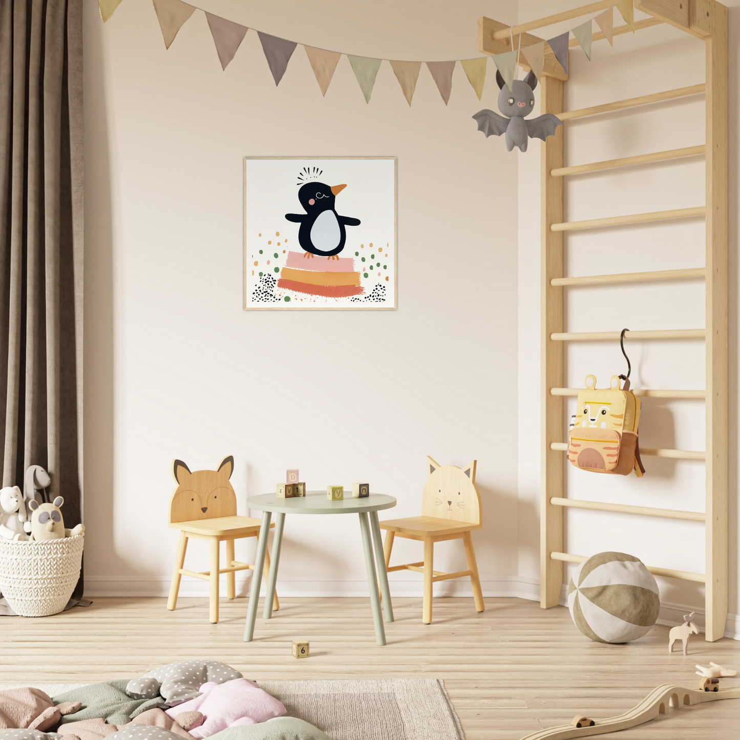 Colorful children’s play area featuring animal-themed chairs and a round table, perfect for nursery decor
