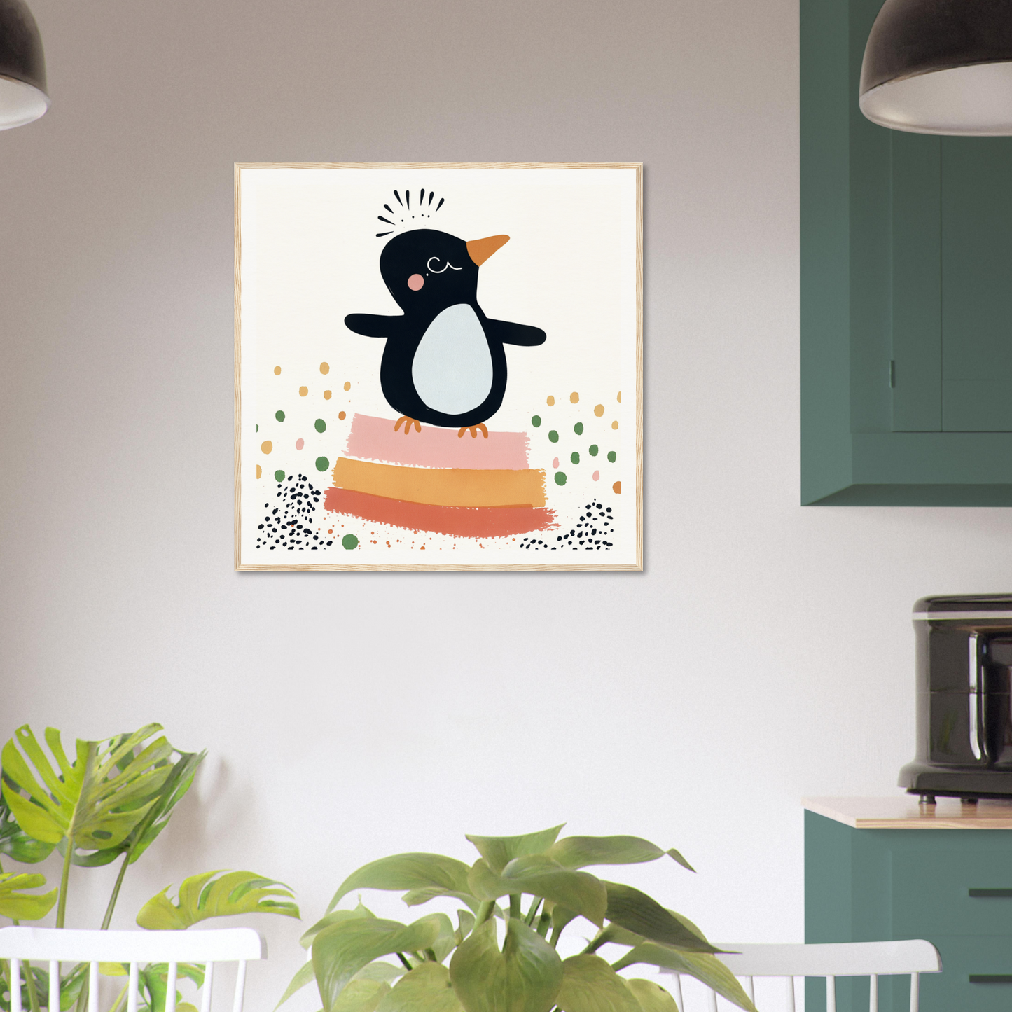 Cute cartoon penguin on blocks with confetti, perfect for nursery wall art decor