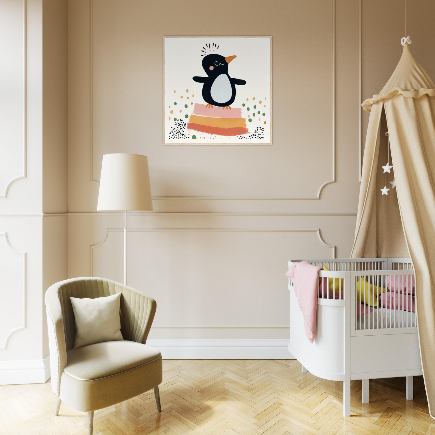 Cute cartoon penguin on a surfboard, perfect for nursery wall art and decor