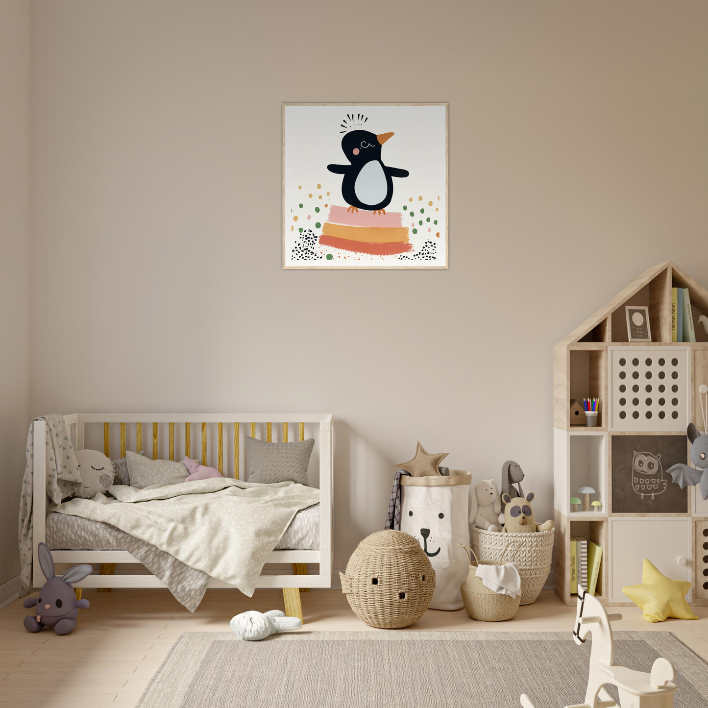Cozy nursery with neutral decor featuring playful penguin nursery wall art