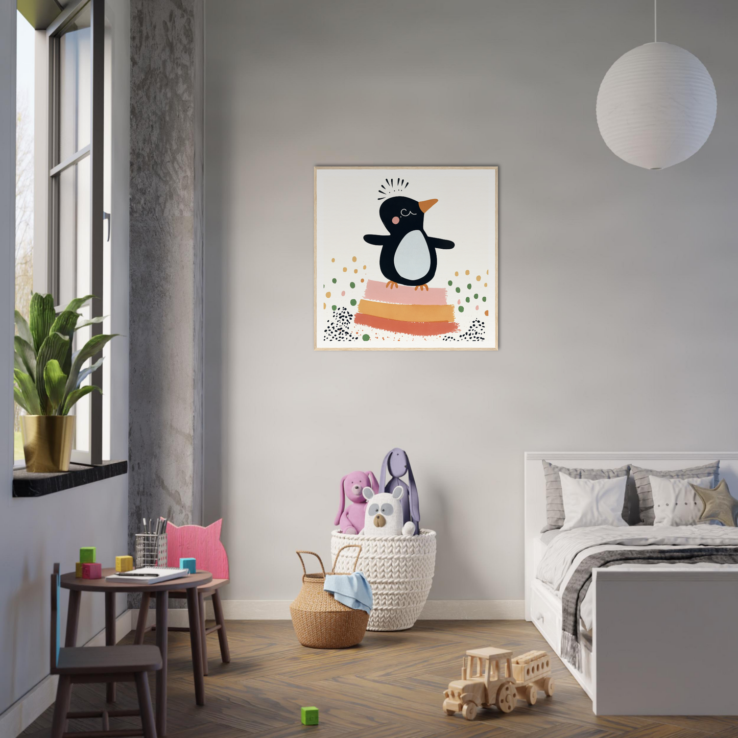 Cute cartoon penguin on rainbow stripe, perfect for nursery wall art or decor
