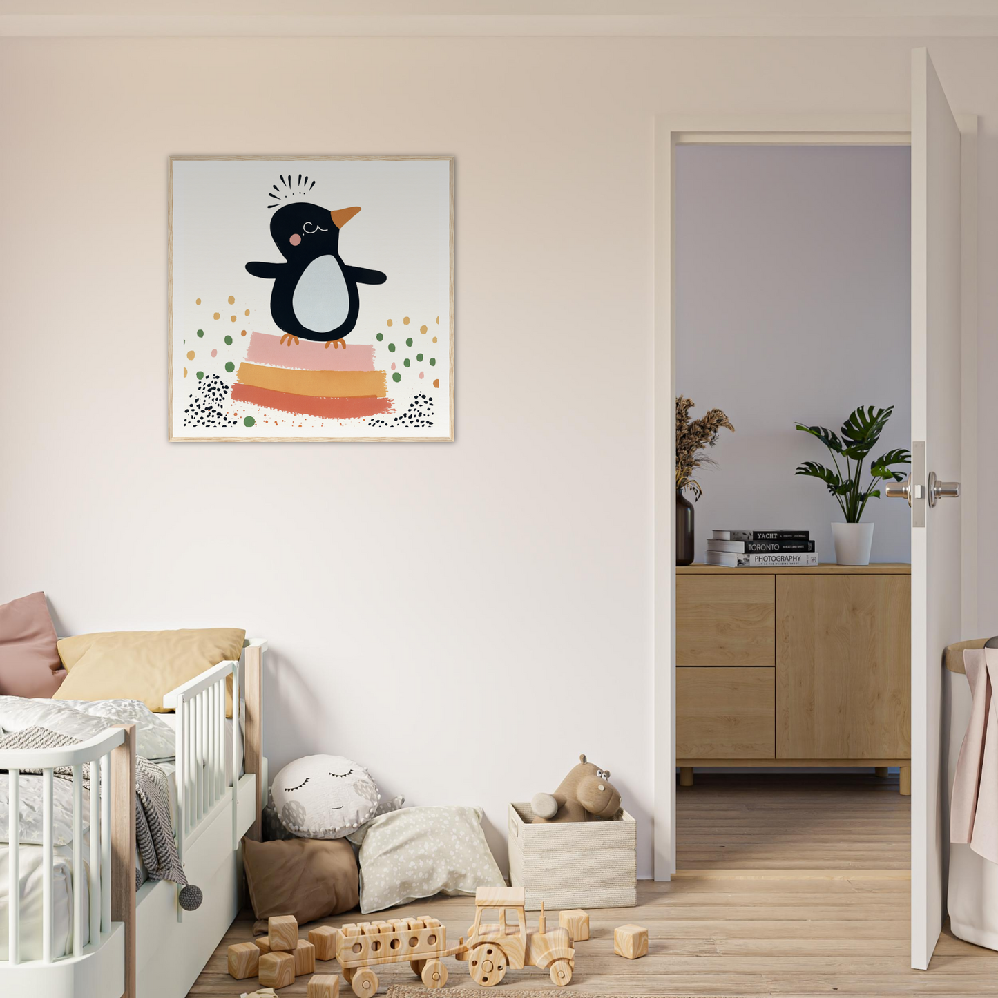 Framed poster of a playful penguin on rainbow platform, perfect nursery wall art