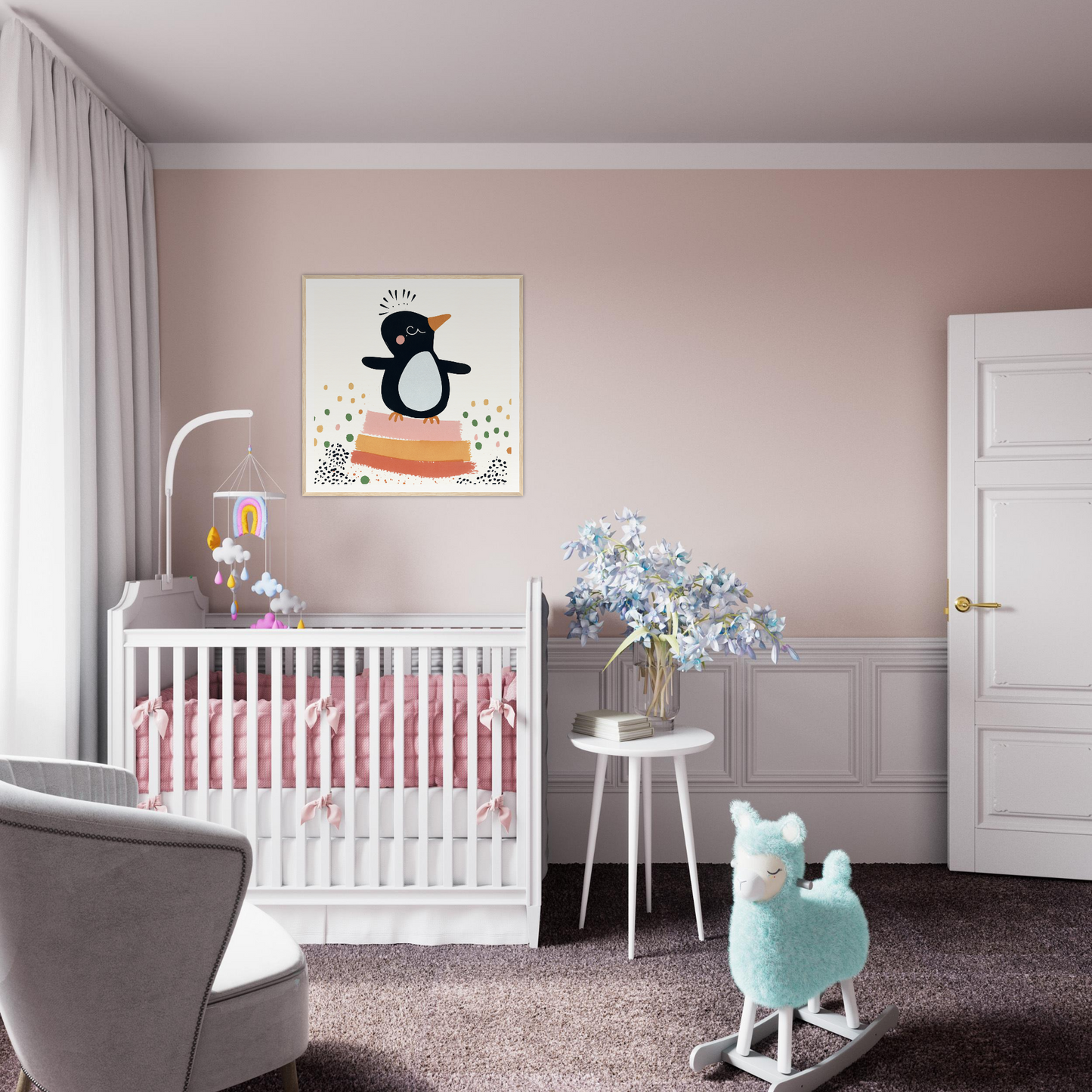 White wooden crib with pink bedding perfect for nursery decor in Product161