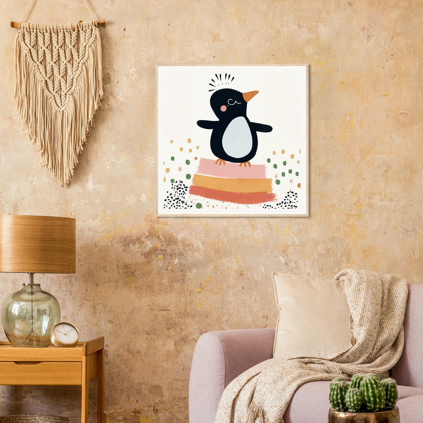 Cute cartoon penguin artwork on a canvas for colorful nursery wall art decor