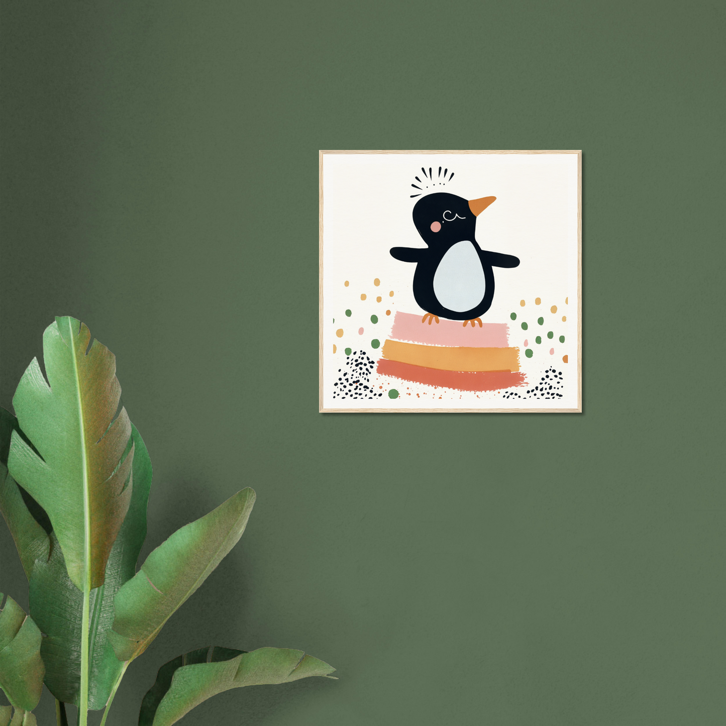 Cartoon penguin on colorful stripes with confetti, perfect for nursery wall art