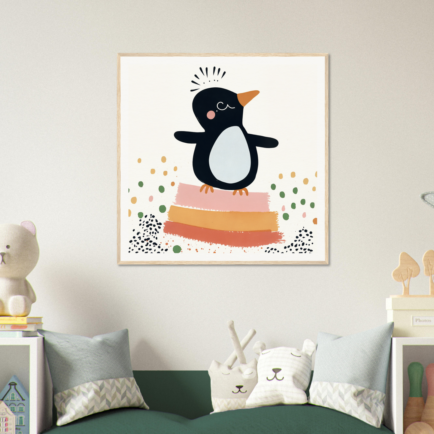 Cute cartoon penguin on rainbow stripes, perfect for nursery wall art or decor