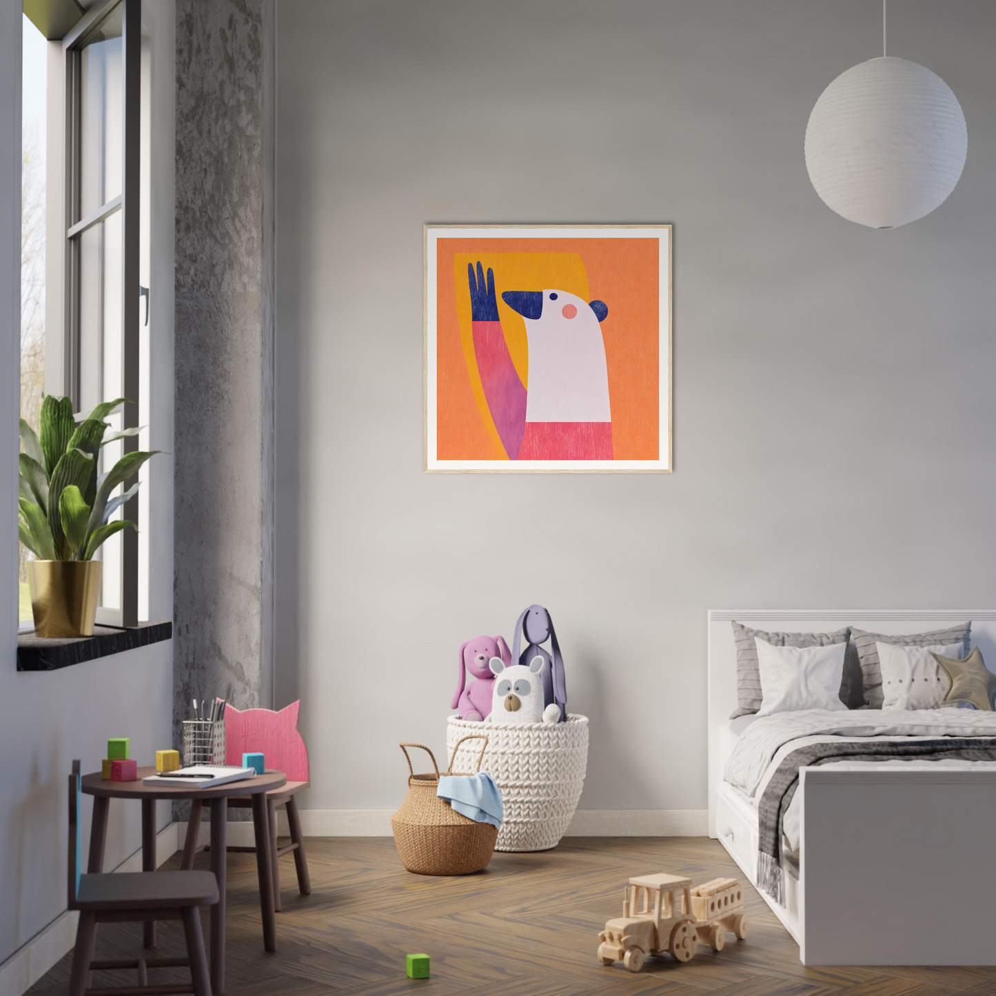 Vibrant orange and pink geometric nursery wall art in a modern bedroom with gray walls