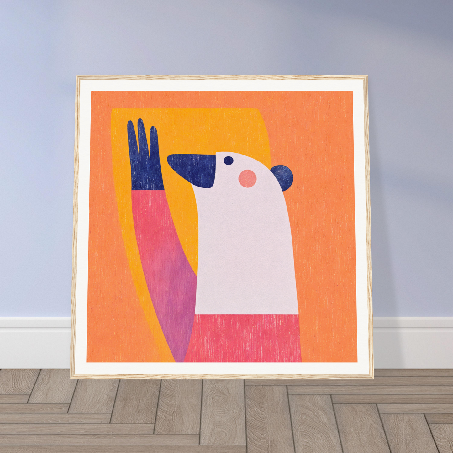 Stylized pink and white bird with blue wing, perfect for nursery wall art or decor
