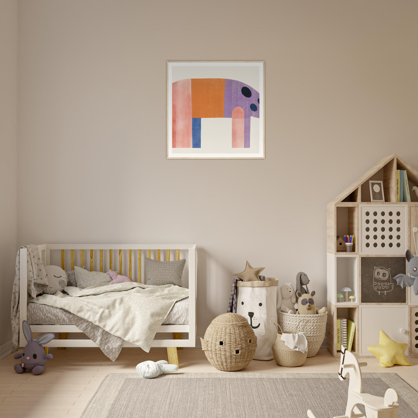 Cute wooden crib with gray bedding and yellow slats, perfect for nursery decor
