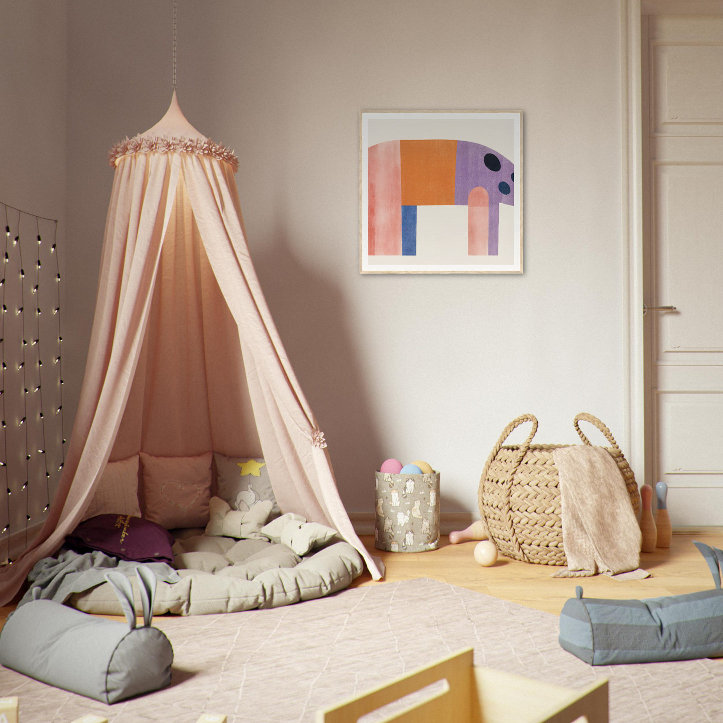 Pink canopy tent with draped fabric and cushions, perfect for nursery decor vibes