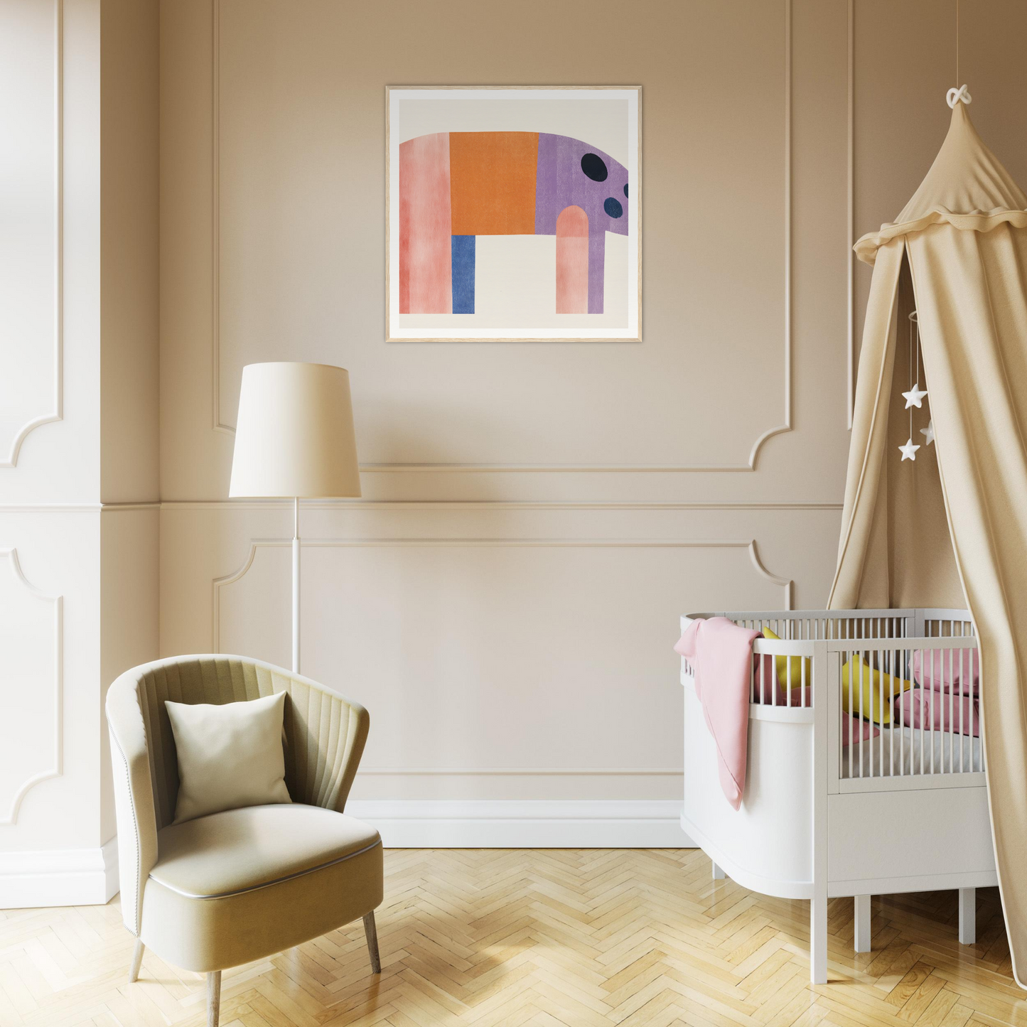 Modern nursery showcasing a white crib, beige canopy, and cute geometric elephant wall art