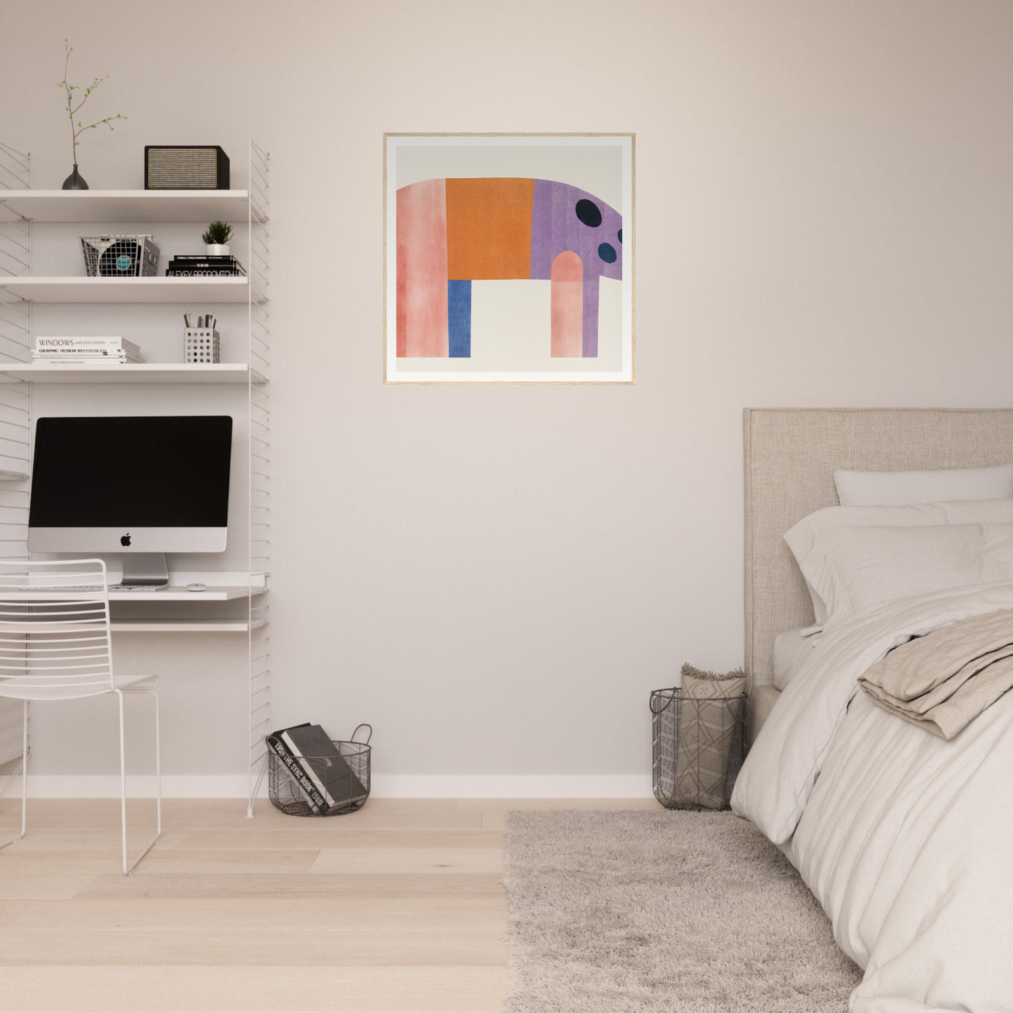 Minimalist bedroom workspace with iMac and floating shelves perfect for Nursery Decor