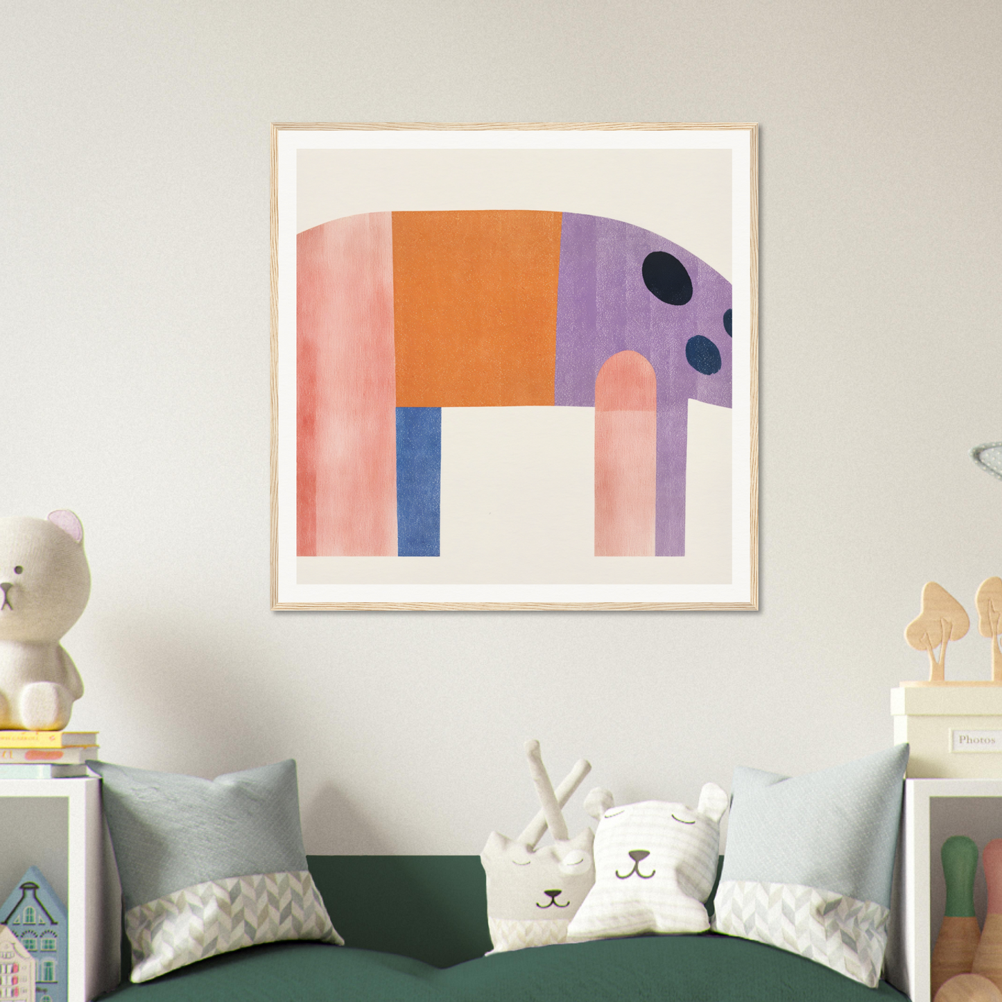 Abstract geometric elephant artwork in soft pastels for nursery wall art or decor