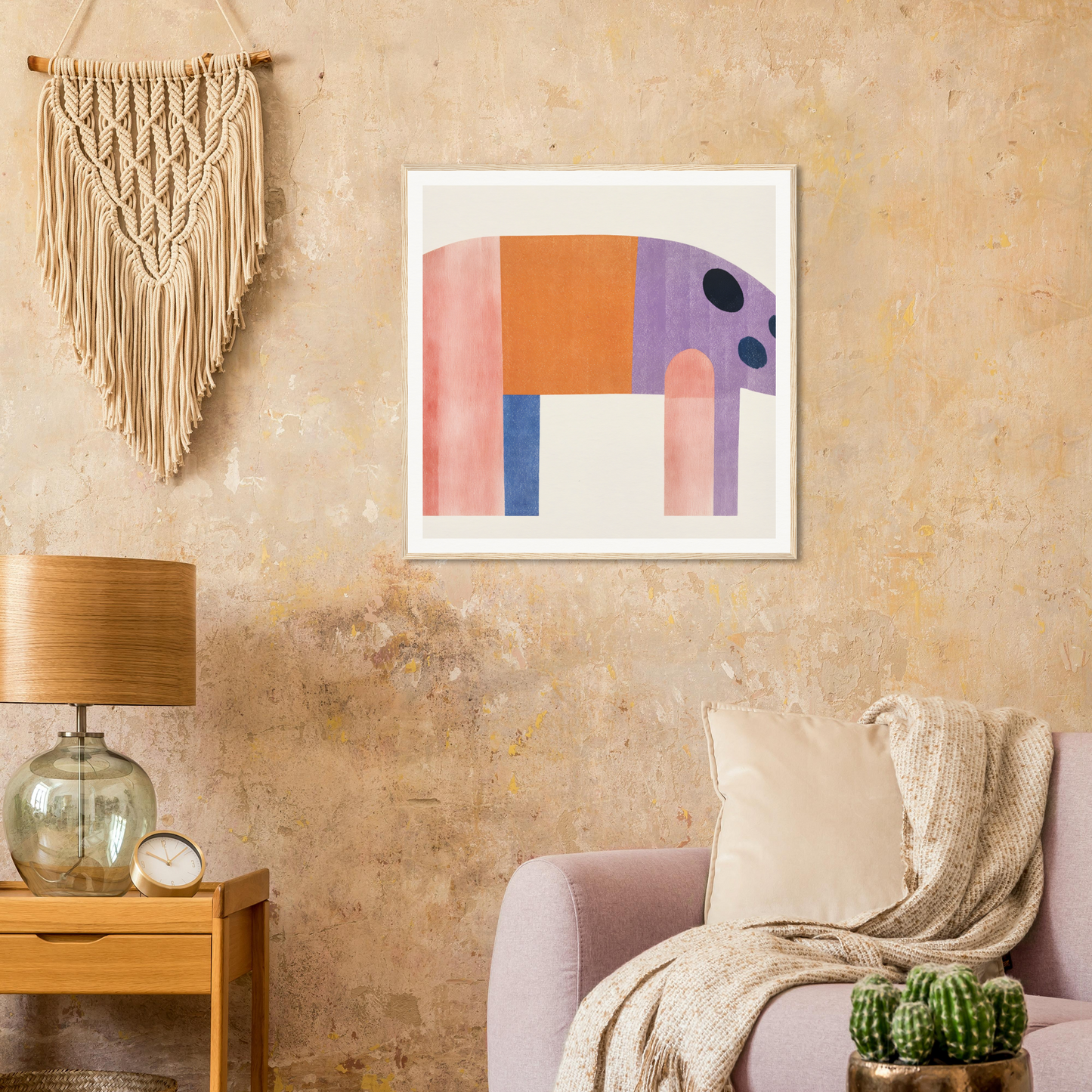 Colorful geometric elephant artwork for trendy nursery wall art or decor in framed poster