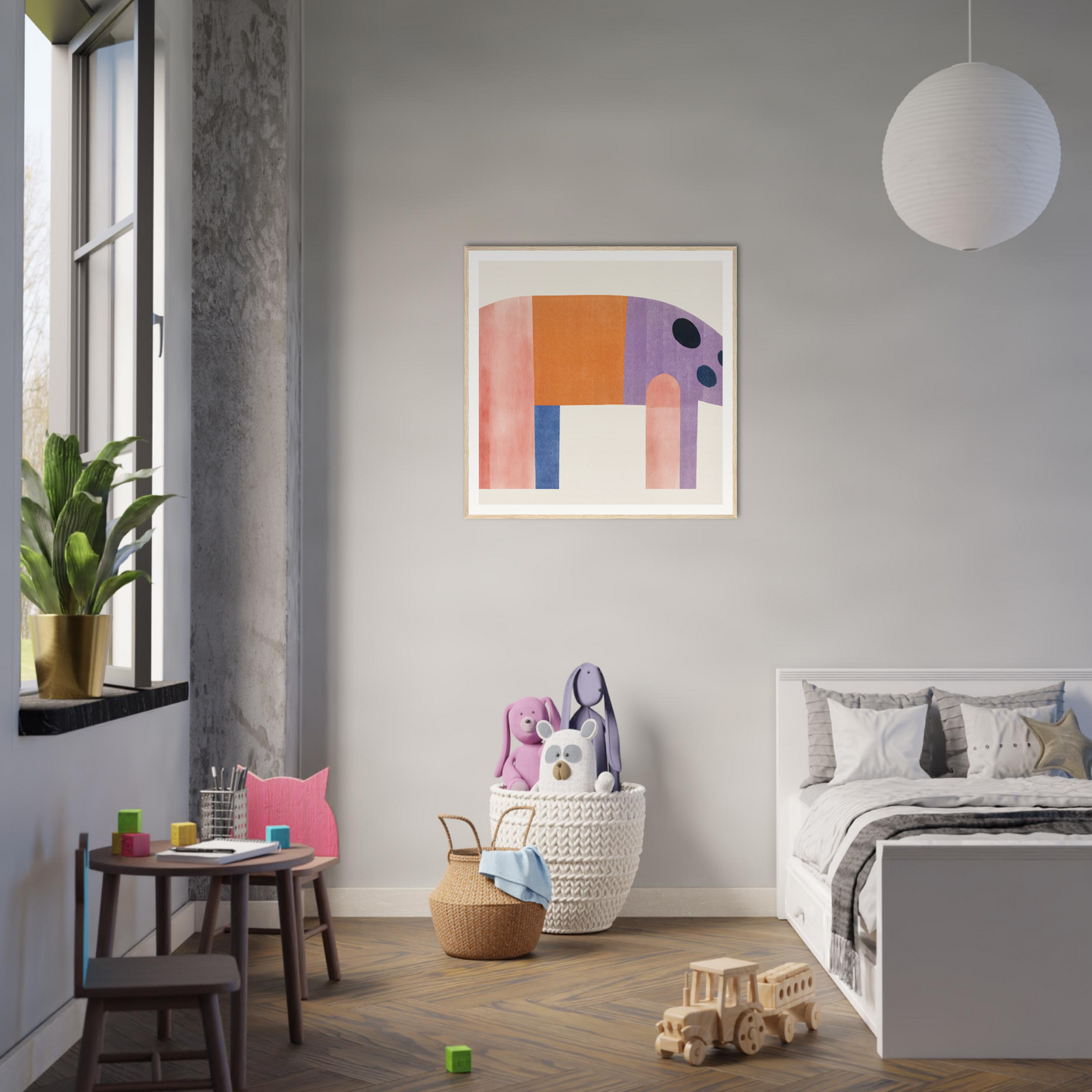 Modern bedroom featuring minimalist geometric elephant artwork as nursery wall art