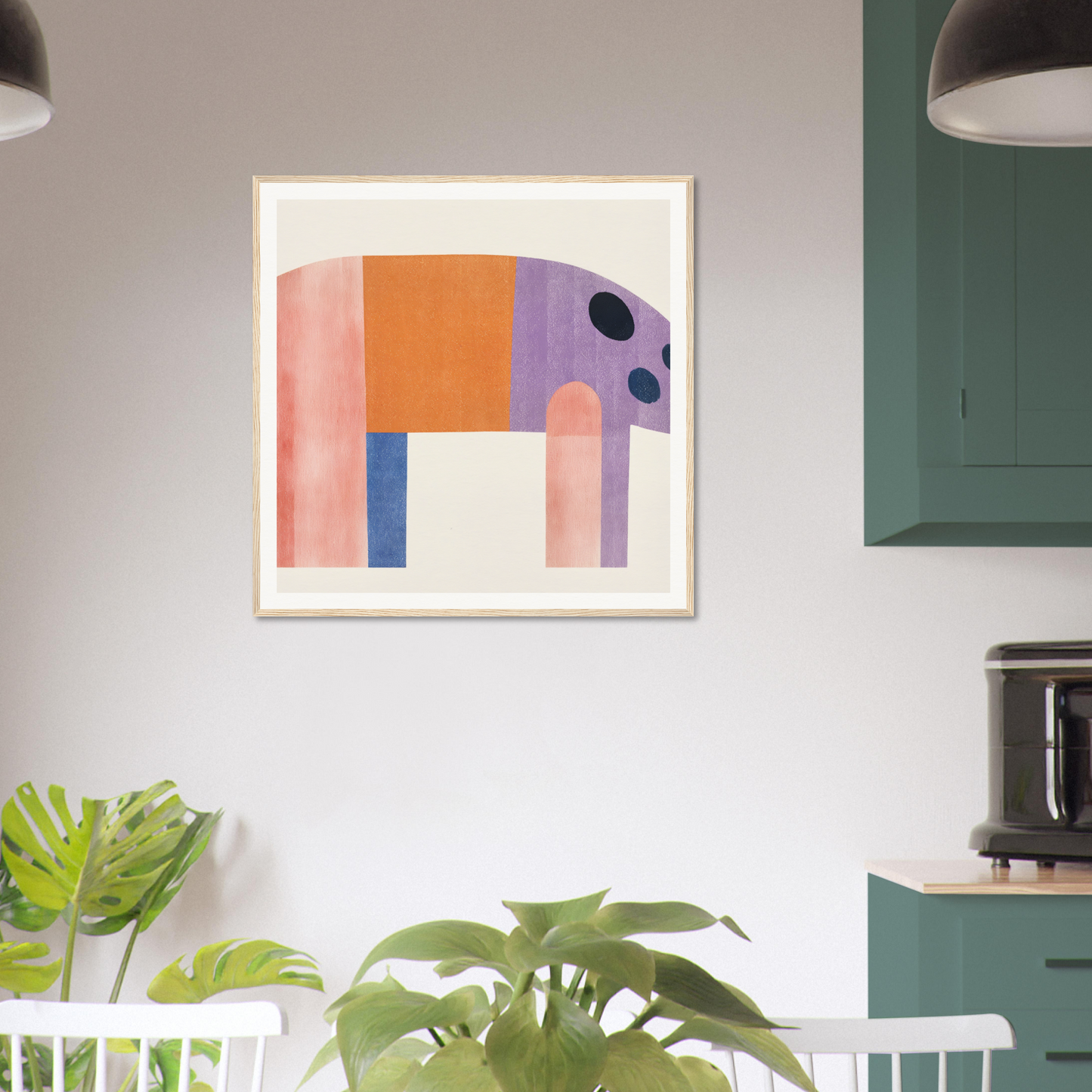 Colorful abstract geometric elephant artwork perfect for nursery wall art or decor