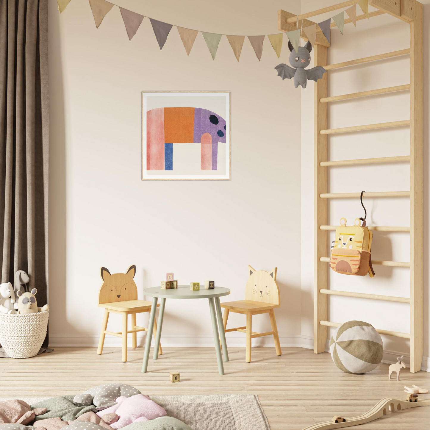 Two playful wooden kids’ chairs with animal faces next to a mint green table for cute nursery decor