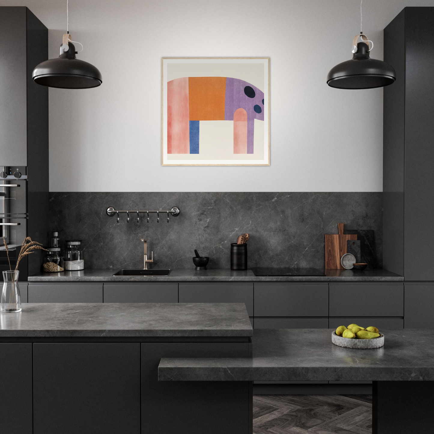 Modern dark kitchen featuring black cabinetry and geometric wall art perfect for nursery decor