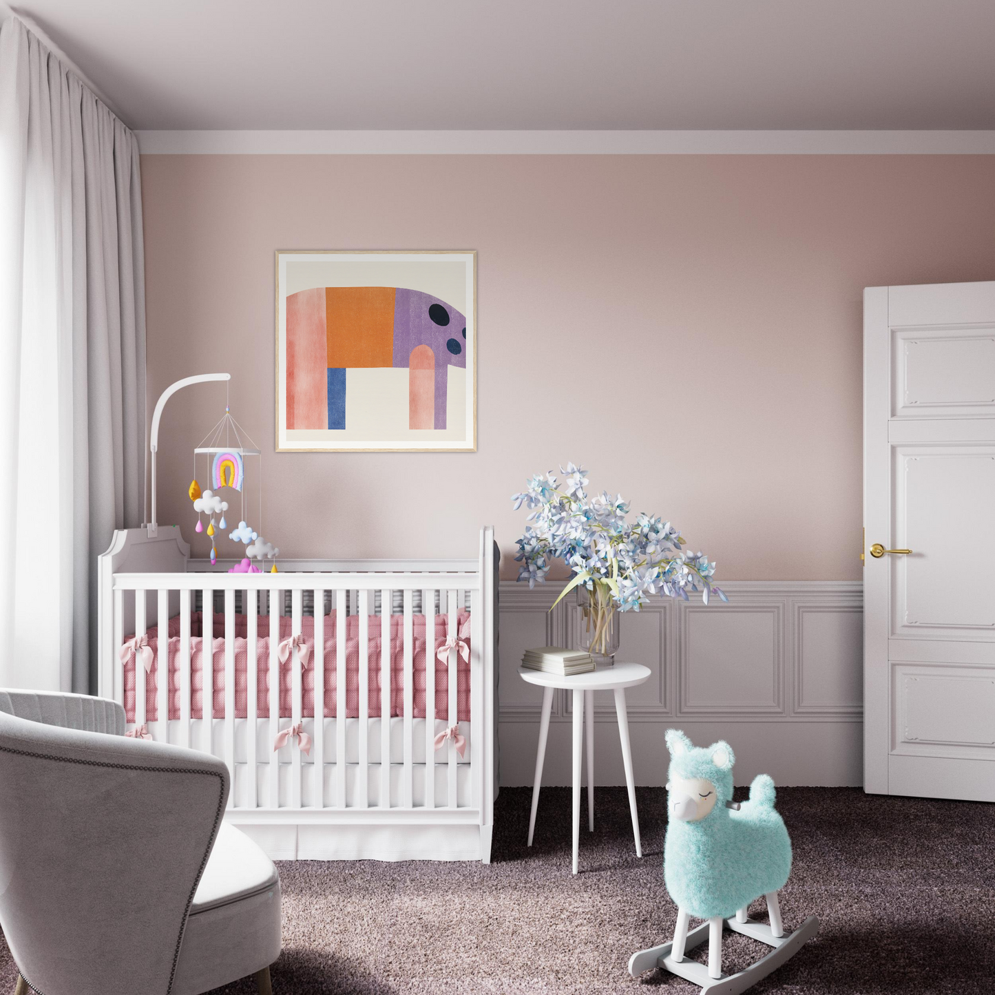 White wooden crib with pink bedding, perfect for stylish nursery decor and framed posters