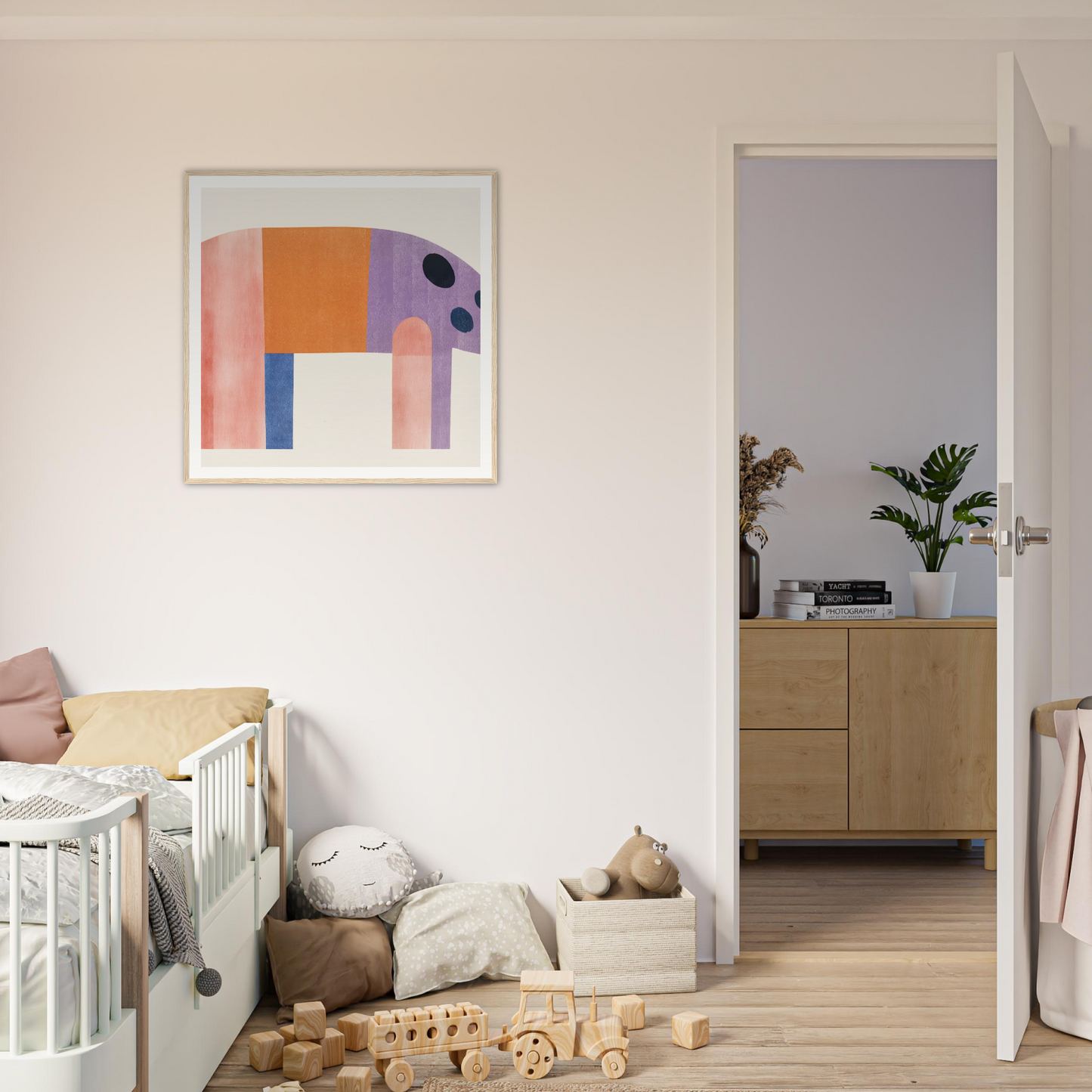 Colorful geometric elephant framed poster for stylish nursery wall art and decor