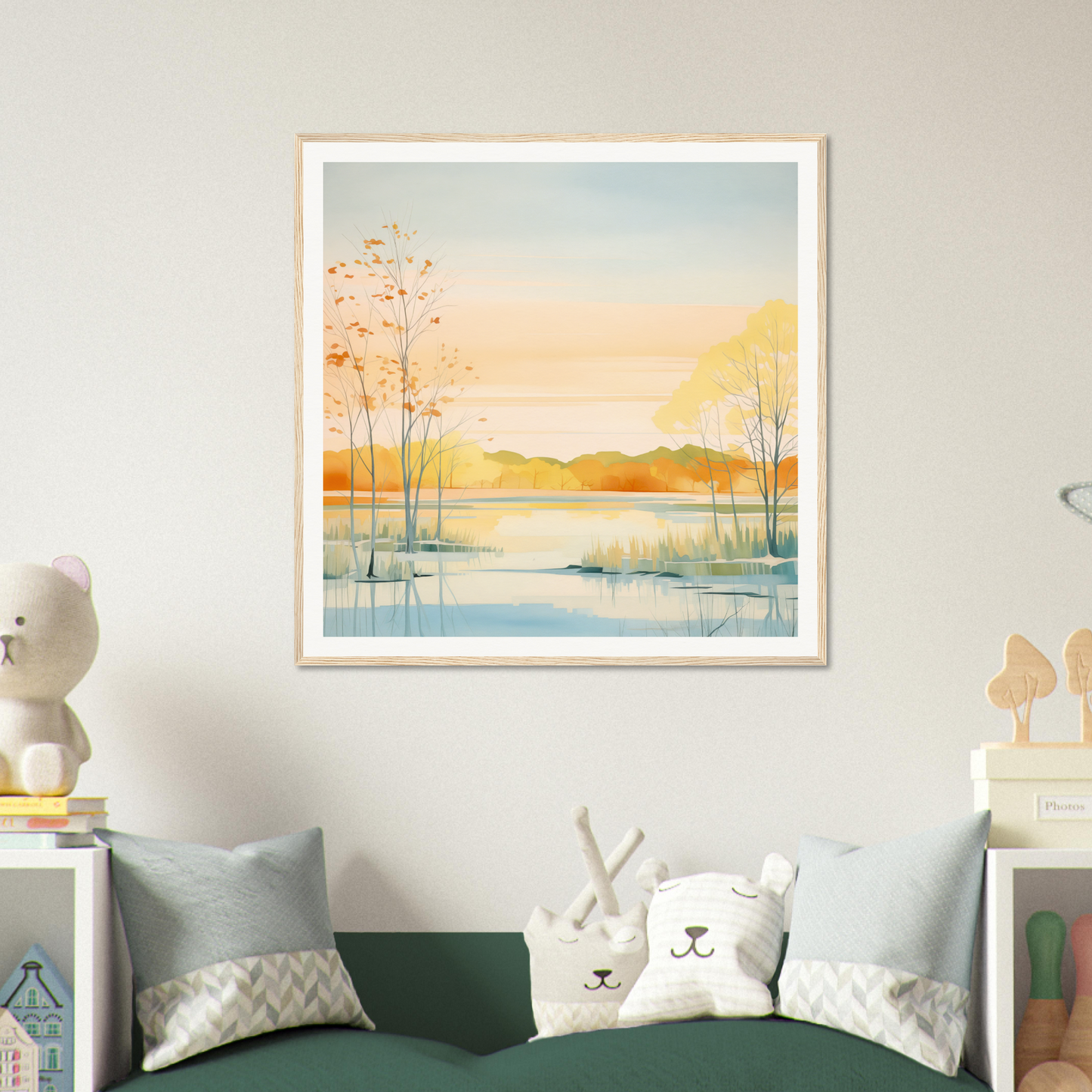 Framed watercolor sunset landscape painting for nursery wall art and decor