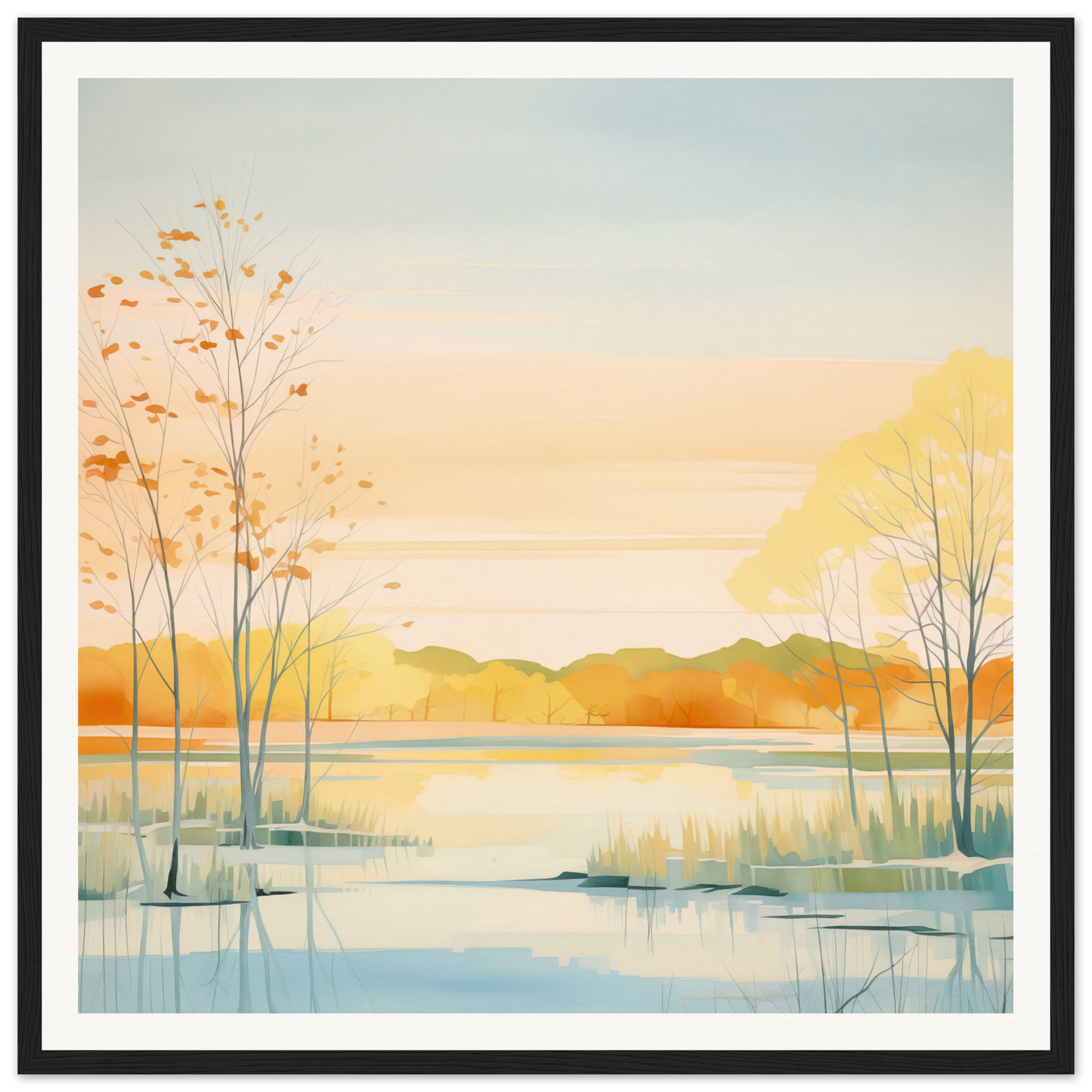 Watercolor painting of a serene autumn lakeside for nursery wall art or decor