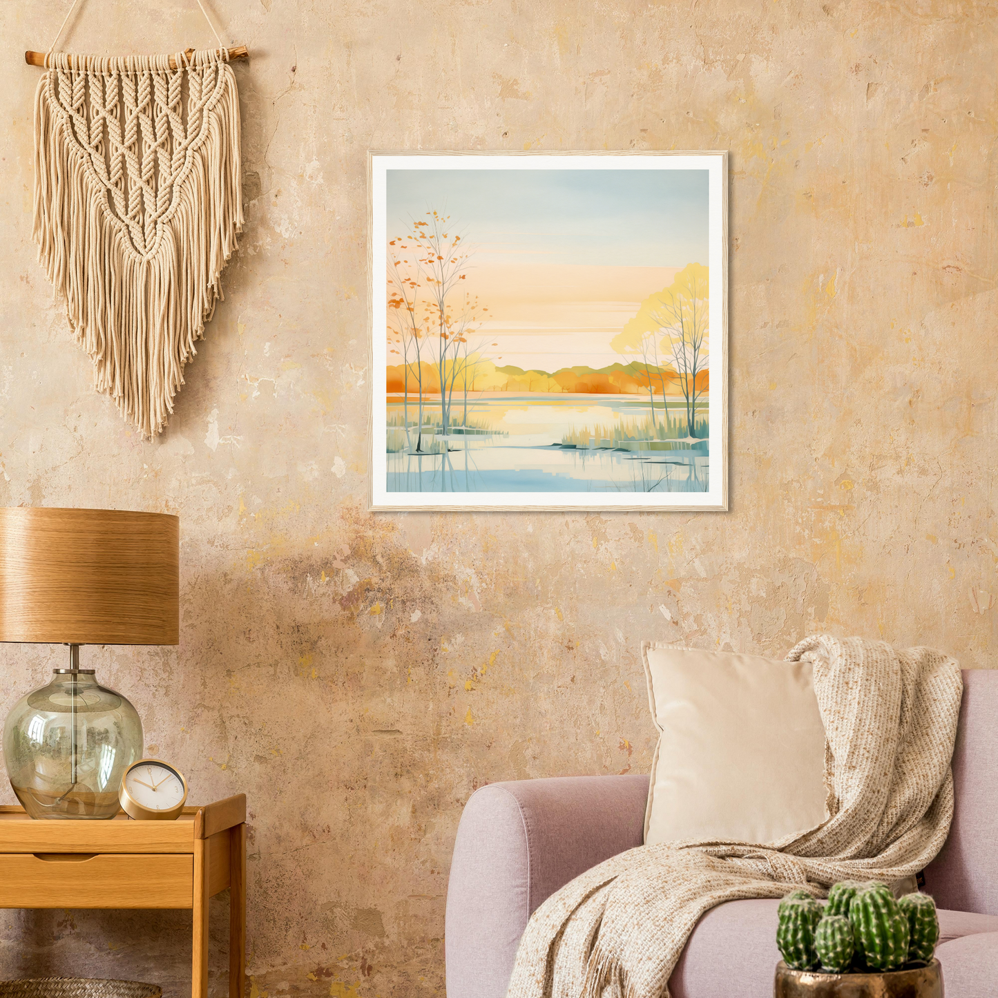 Framed watercolor sunset landscape reflecting on water, perfect nursery wall art