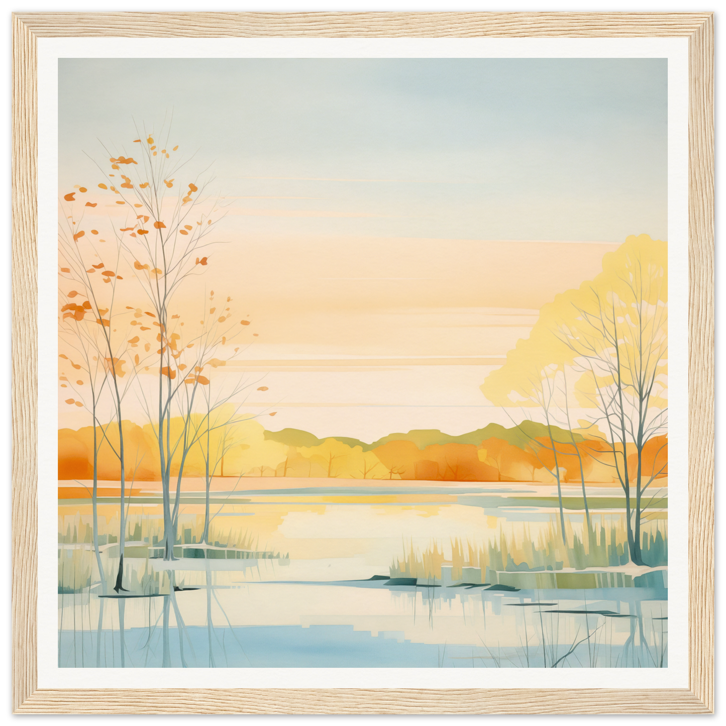 Watercolor painting of a tranquil autumn lakeside for nursery wall art decor