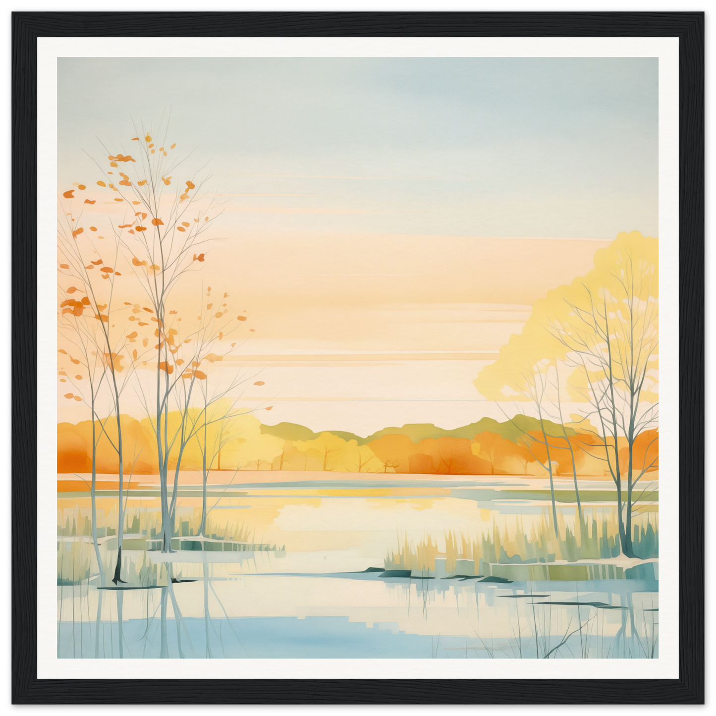 Watercolor painting of autumn lakeside at sunset for nursery wall art or decor