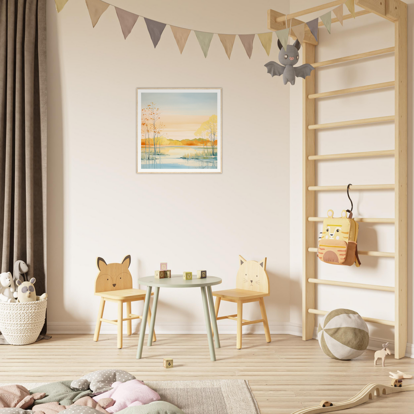 Children’s play area with animal chairs and table, perfect for nursery decor ideas