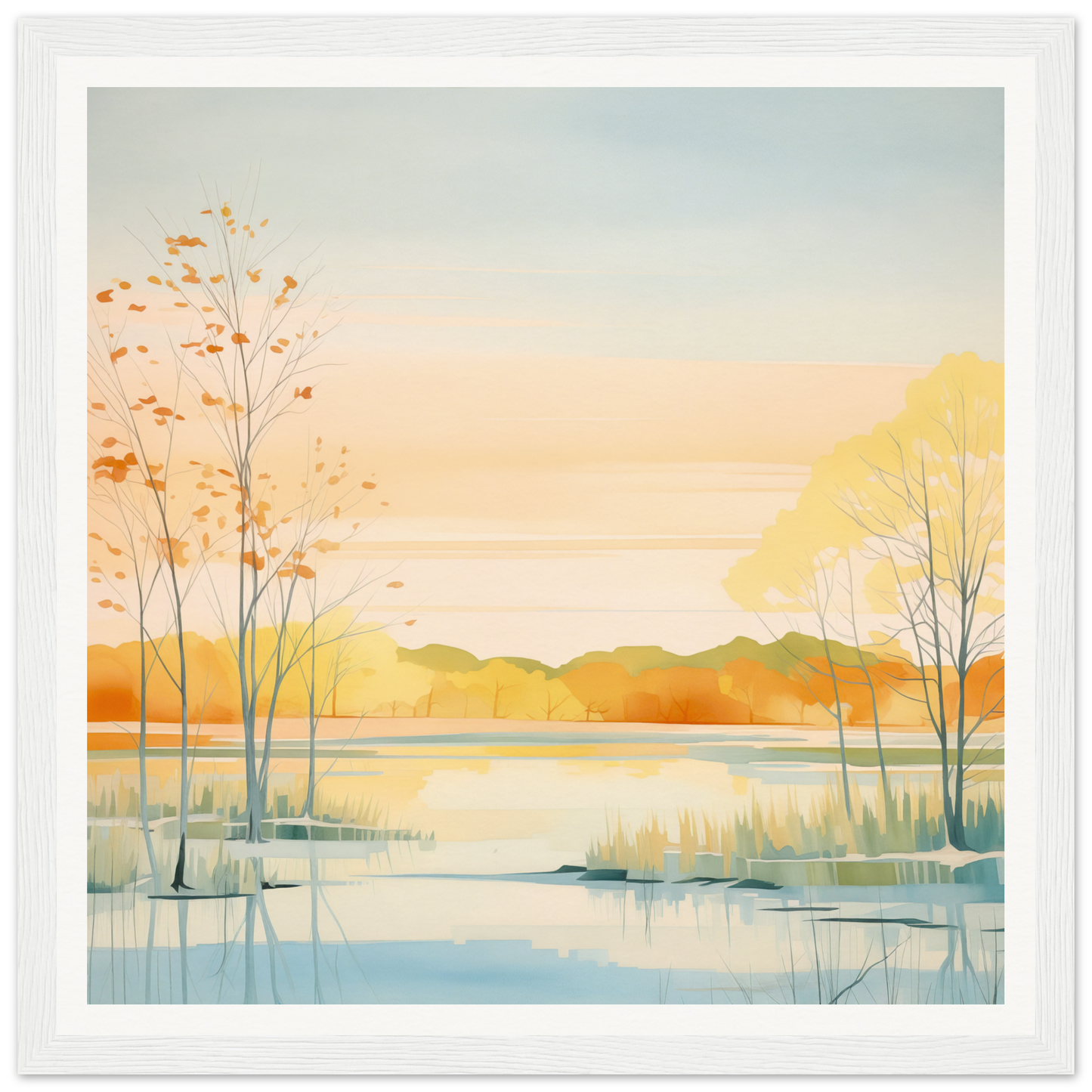 Watercolor painting of autumn lakeside sunset, perfect for nursery wall art decor