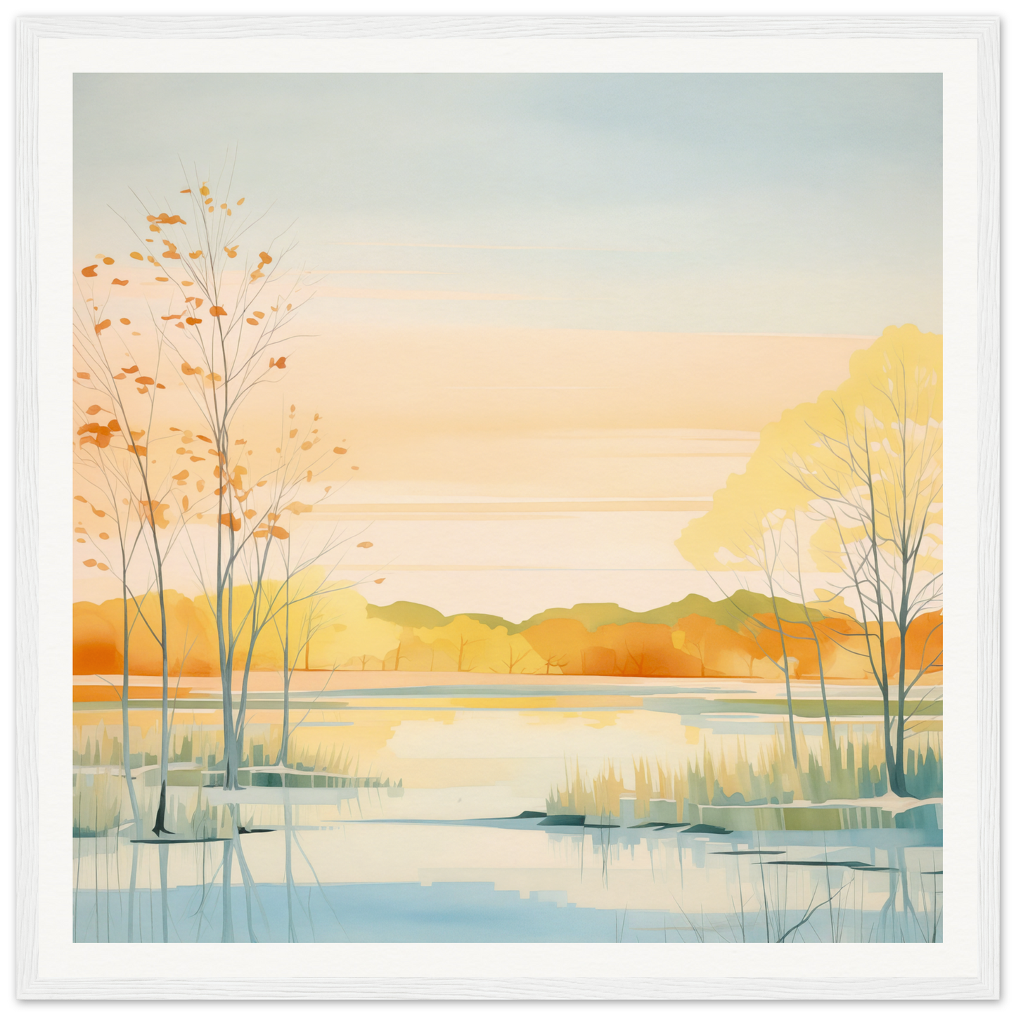 Watercolor painting of an autumn lakeside, perfect for nursery wall art or decor