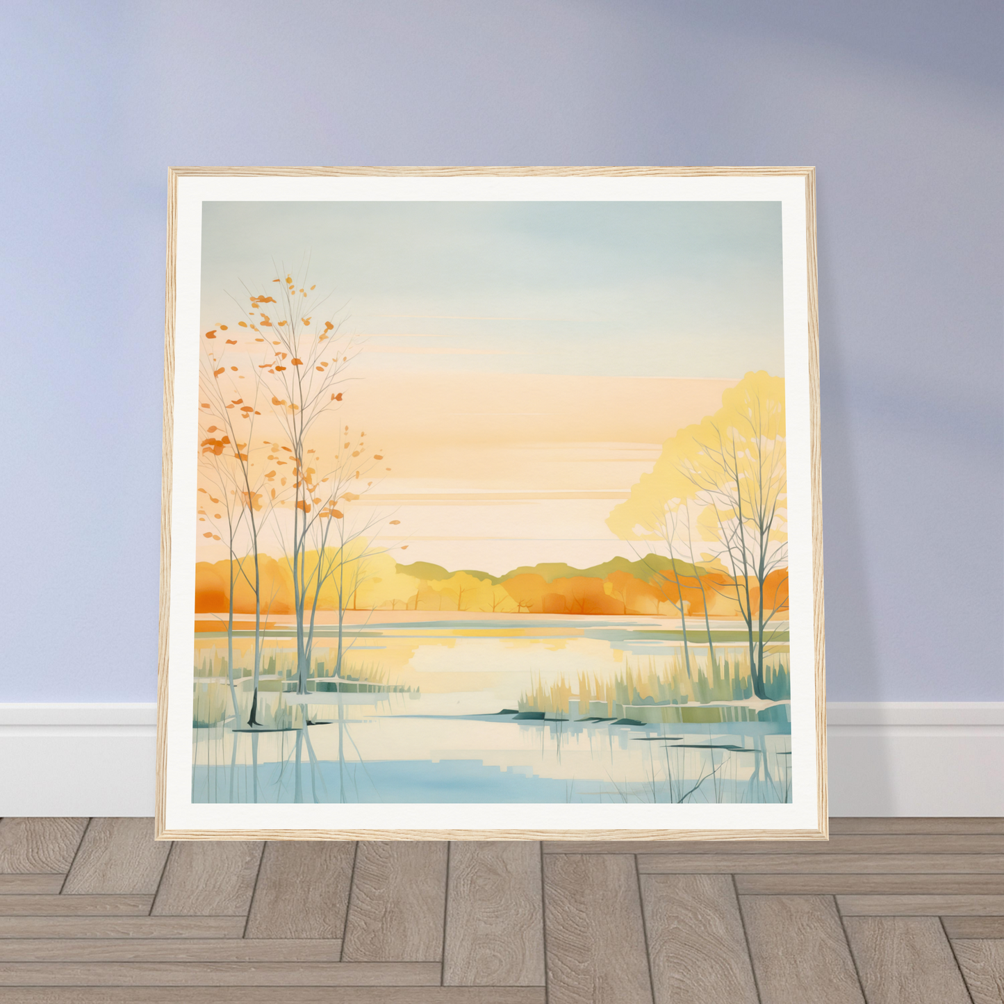 Framed watercolor painting of a serene lake sunset, perfect for nursery wall art