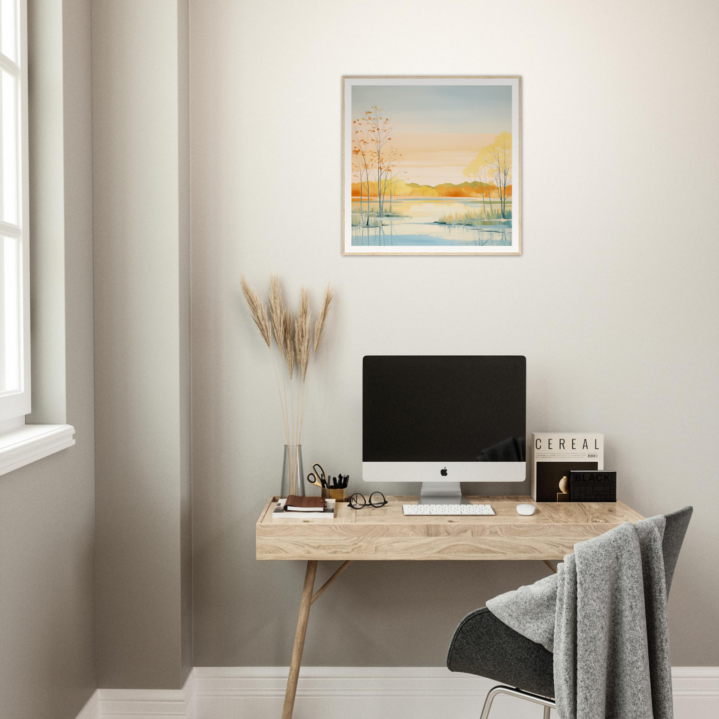 Minimalist wooden desk with iMac and cute accessories perfect for nursery decor