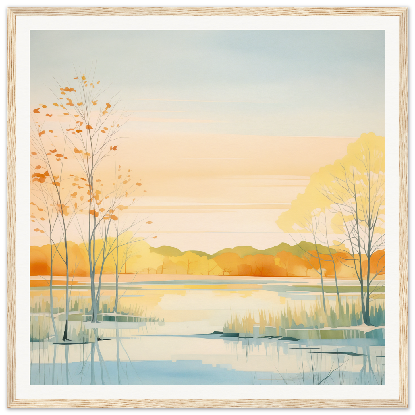 Watercolor painting of an autumn lakeside landscape for cozy nursery decor