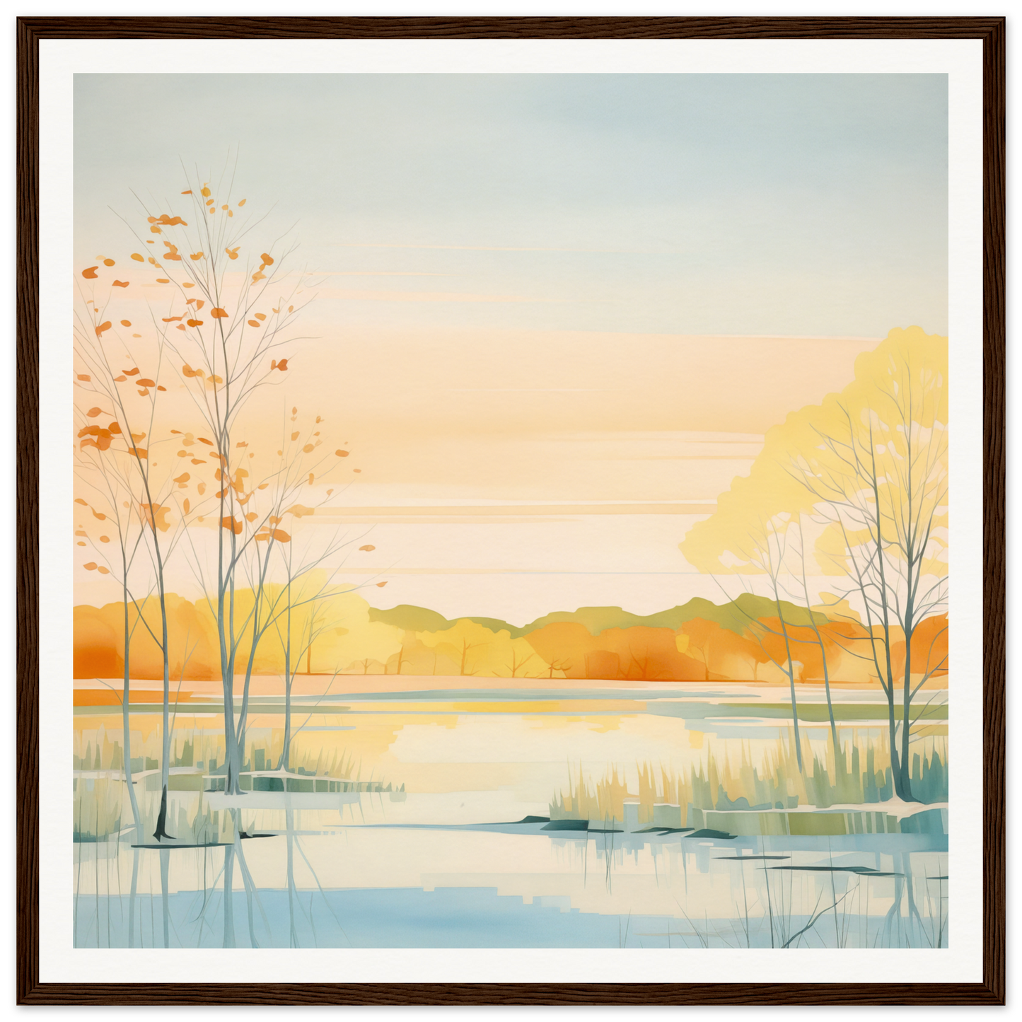 Watercolor autumn lakeside landscape wall art for nursery decor and framed poster