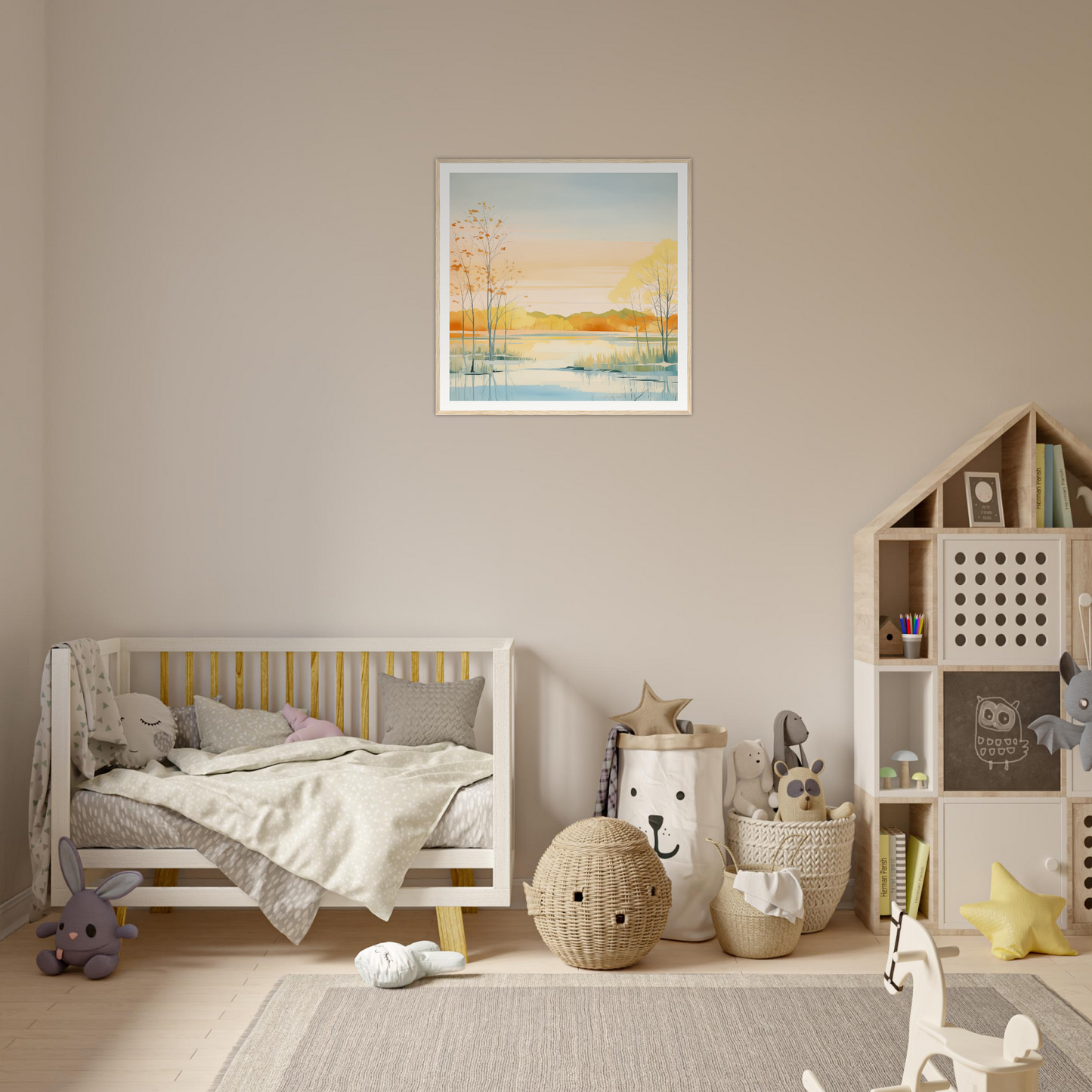 Wooden crib with gray bedding and yellow slats, perfect for nursery decor